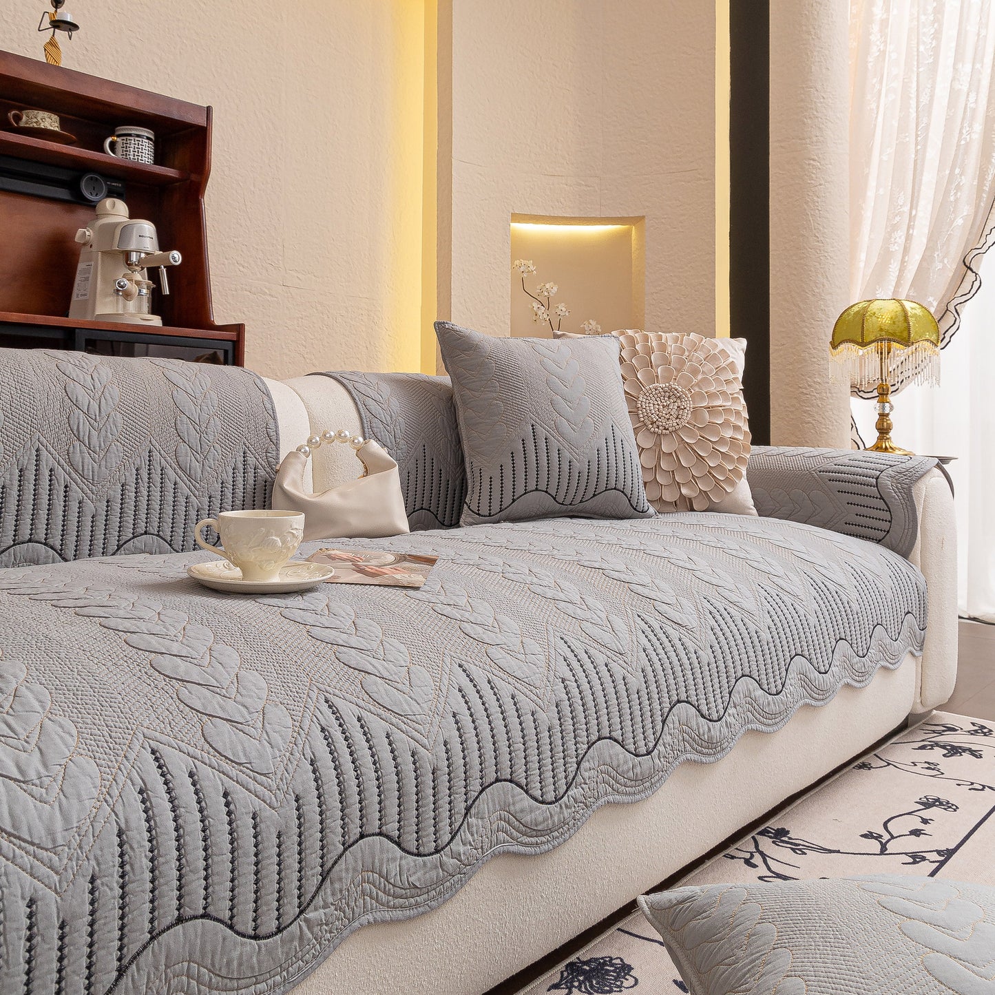 3D Quilted Thick Cotton Sofa Cover Non-Slip Couch Throw for Fabric & Leather Sofas with intricate 3D embossed stitching