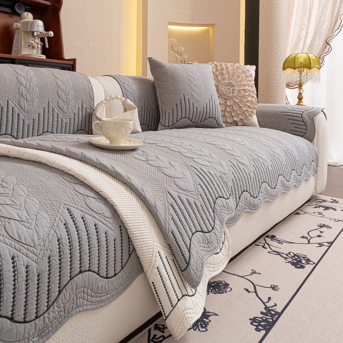 3D Quilted Thick Cotton Sofa Cover Non-Slip Couch Throw for Fabric & Leather Sofas in elegant living room setting