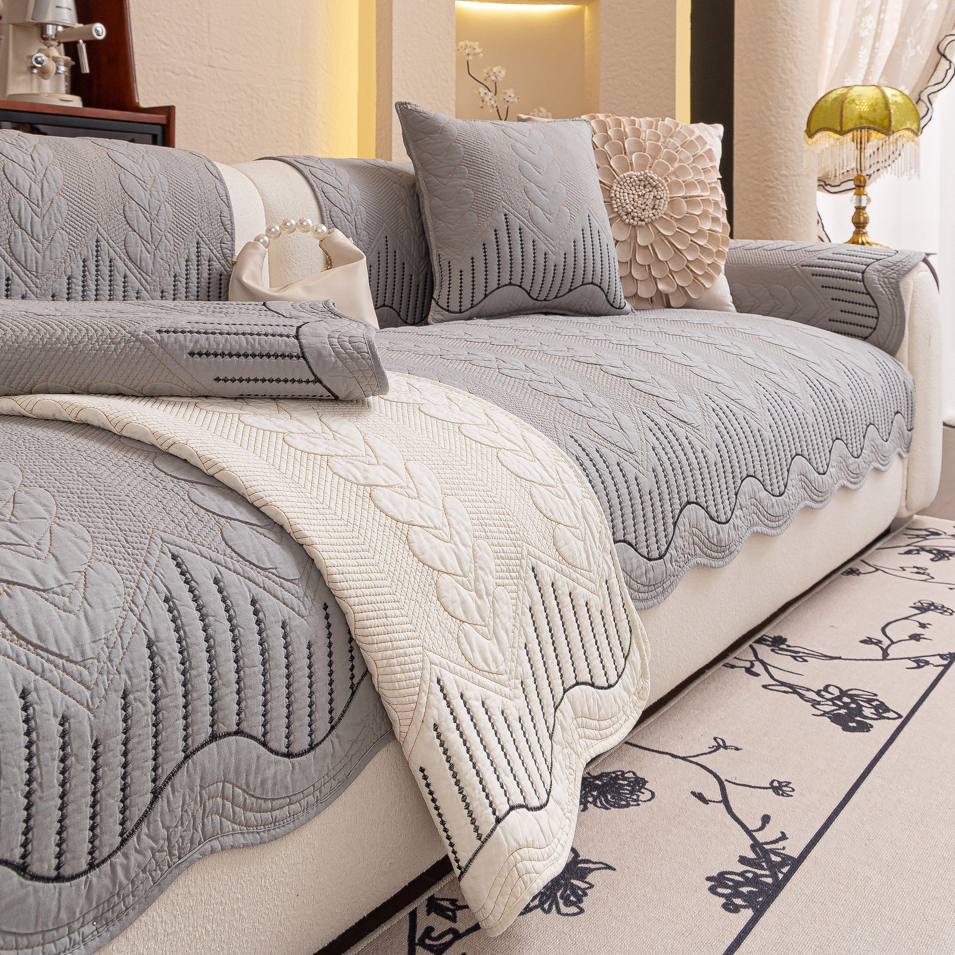 3D Quilted Thick Cotton Sofa Cover Non-Slip Couch Throw for Fabric & Leather Sofas on a beige couch