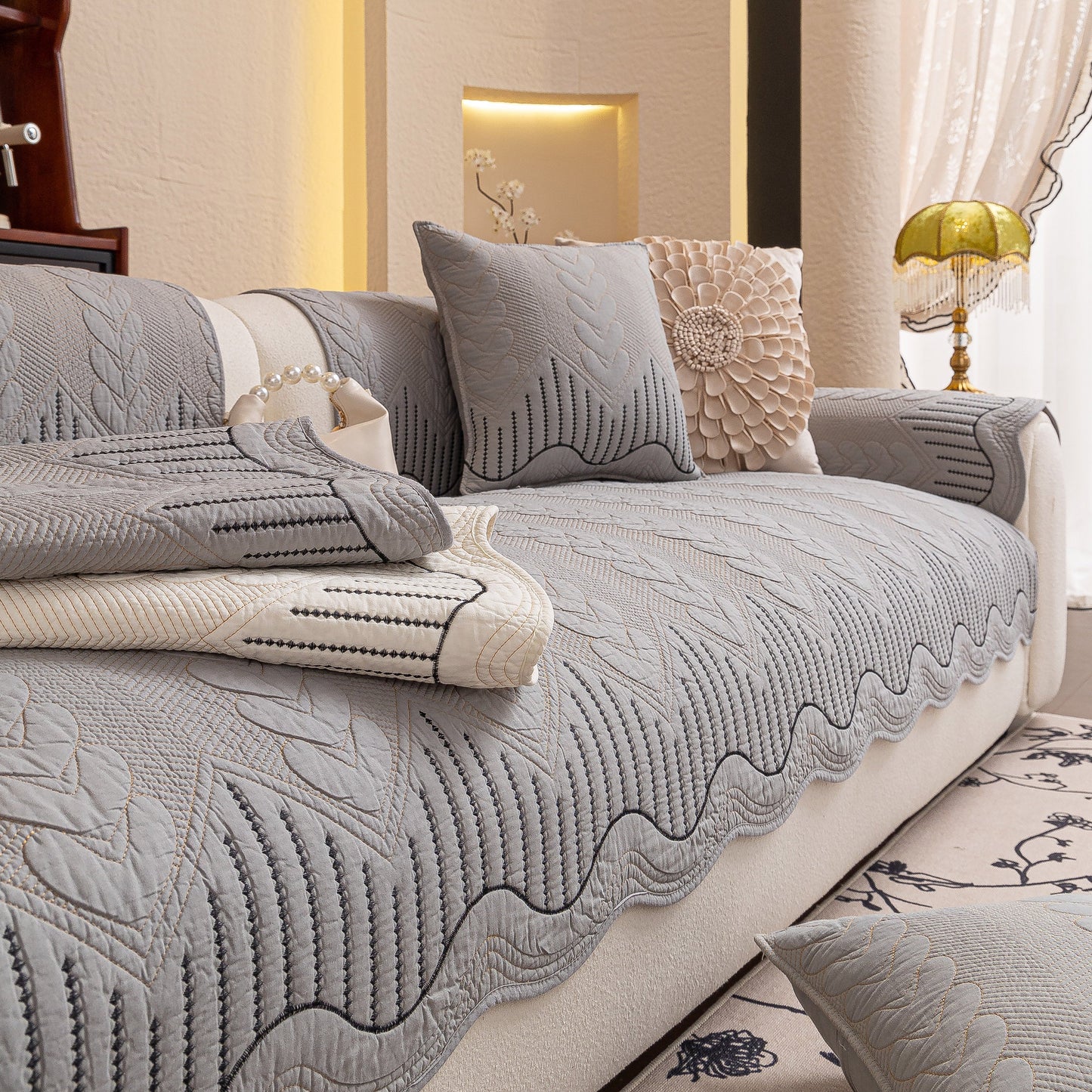 3D Quilted Thick Cotton Sofa Cover Non-Slip Couch Throw for Fabric & Leather Sofas on a modern couch