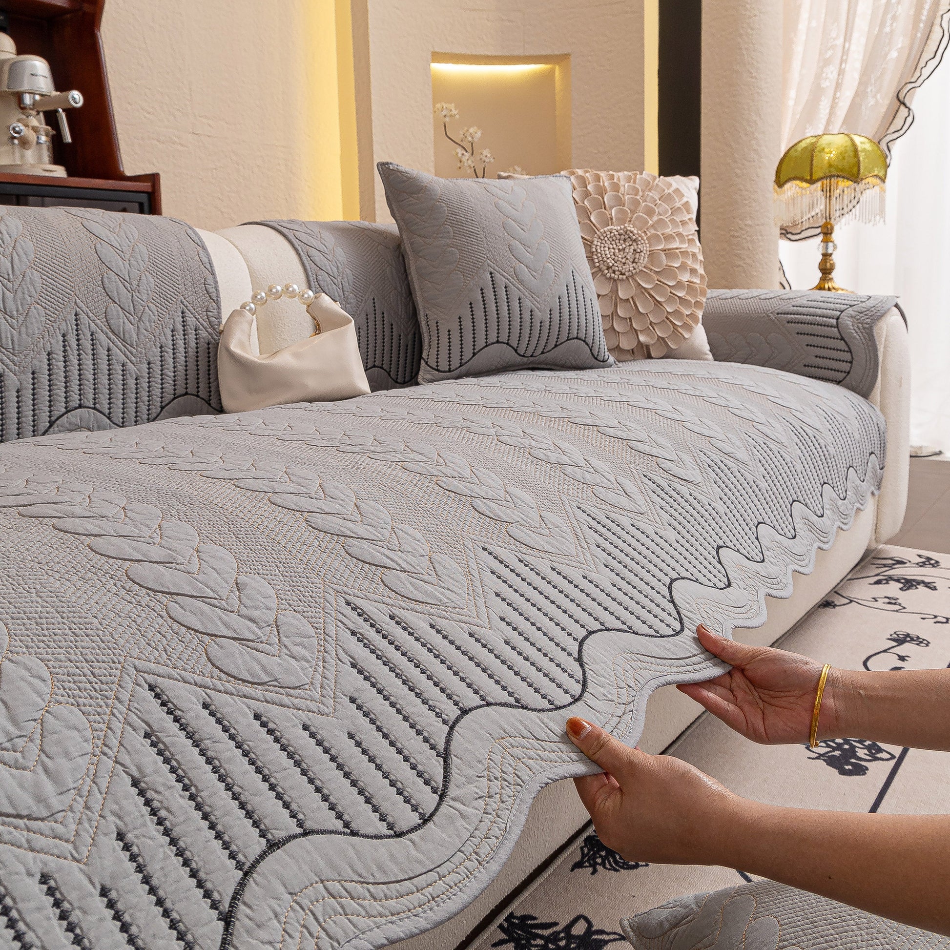 3D Quilted Thick Cotton Sofa Cover Non-Slip Couch Throw for Fabric & Leather Sofas displayed on living room sofa