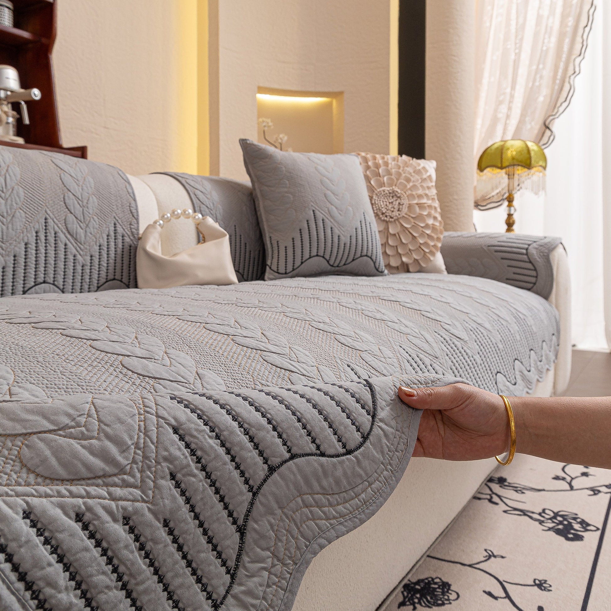 3D Quilted Thick Cotton Sofa Cover Non-Slip Couch Throw for Fabric & Leather Sofas in elegant living room setting