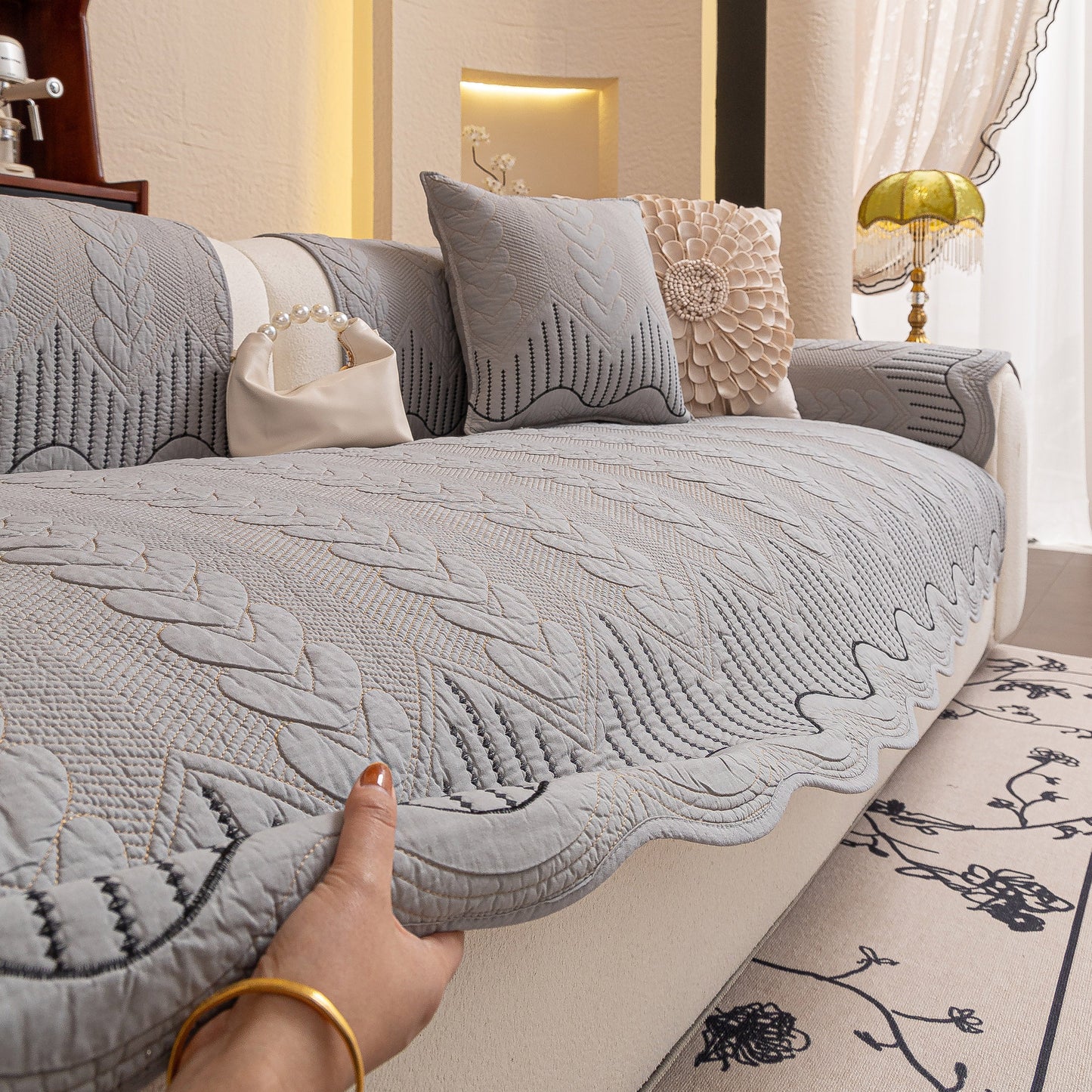 3D Quilted Thick Cotton Sofa Cover Non-Slip Couch Throw for Fabric & Leather Sofas with intricate 3D embossed stitching.