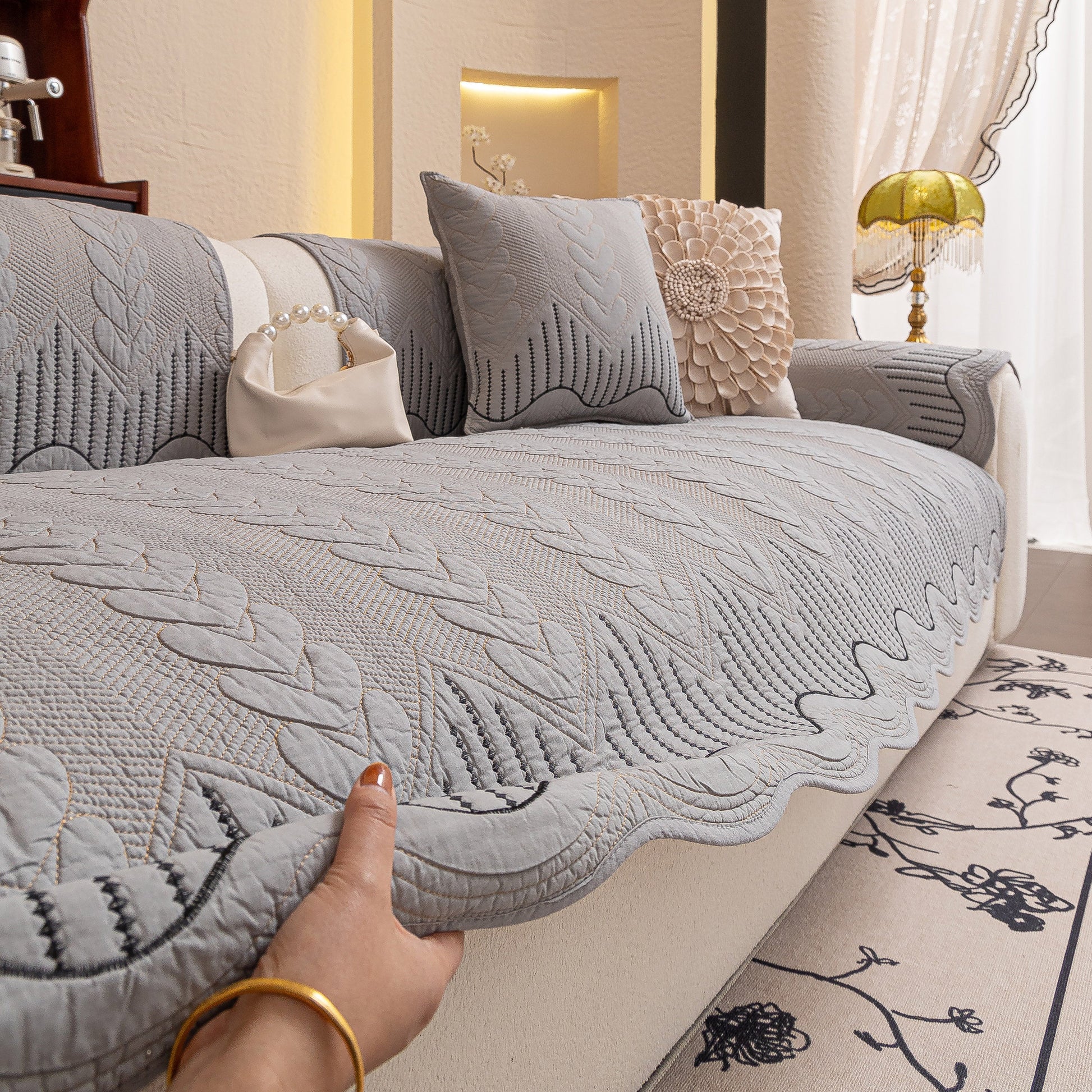 3D Quilted Thick Cotton Sofa Cover Non-Slip Couch Throw for Fabric & Leather Sofas with intricate 3D embossed stitching.