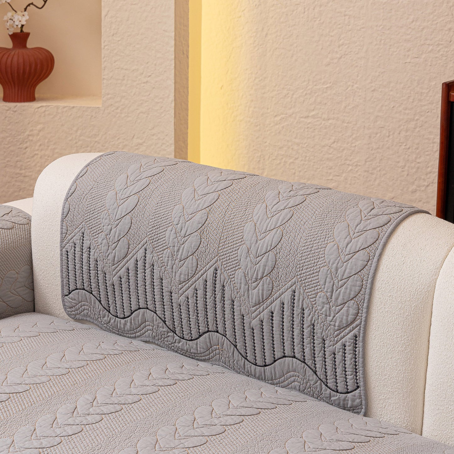 3D Quilted Thick Cotton Sofa Cover Non-Slip Couch Throw for Fabric & Leather Sofas in gray with embossed stitching.