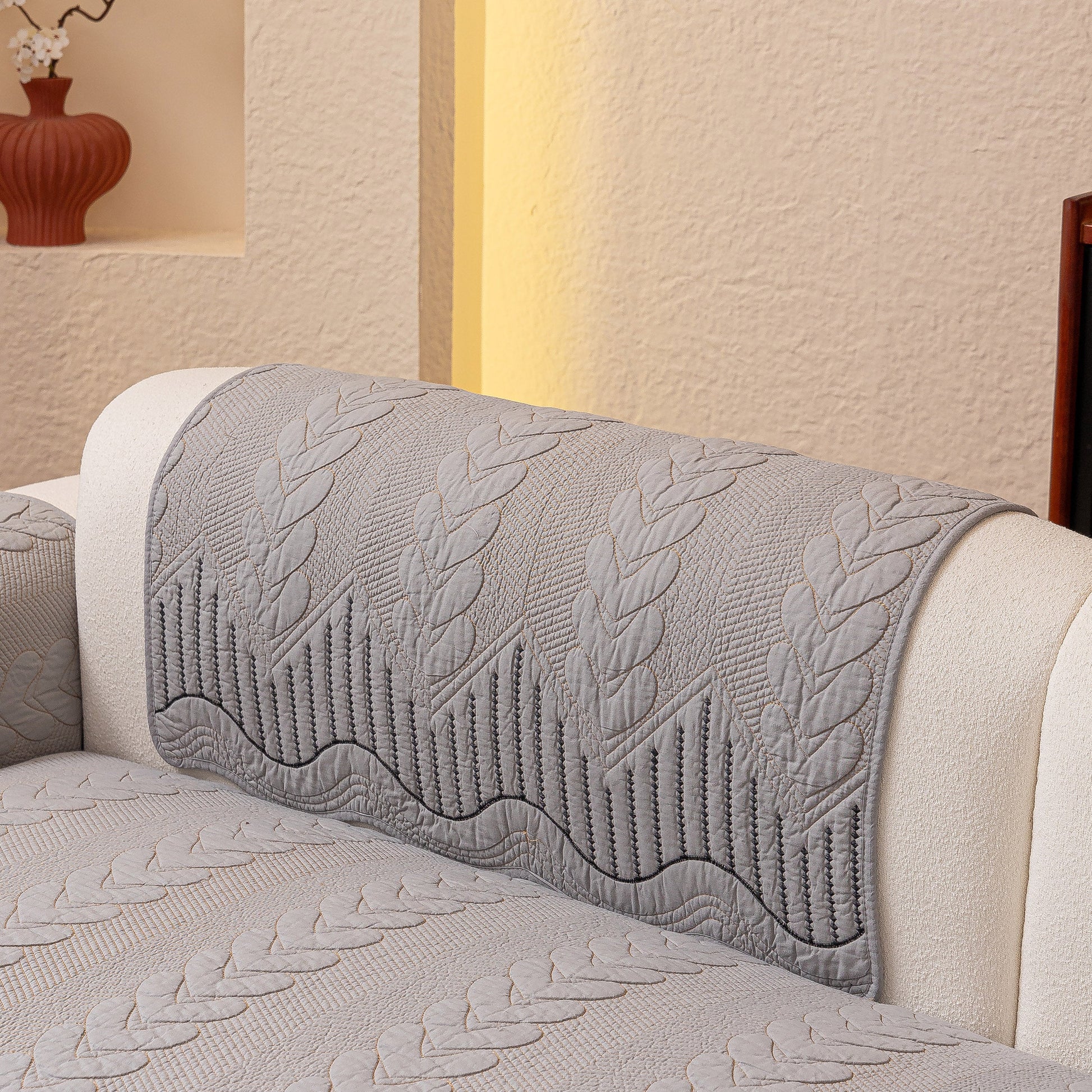 3D Quilted Thick Cotton Sofa Cover Non-Slip Couch Throw for Fabric & Leather Sofas in gray with embossed stitching.