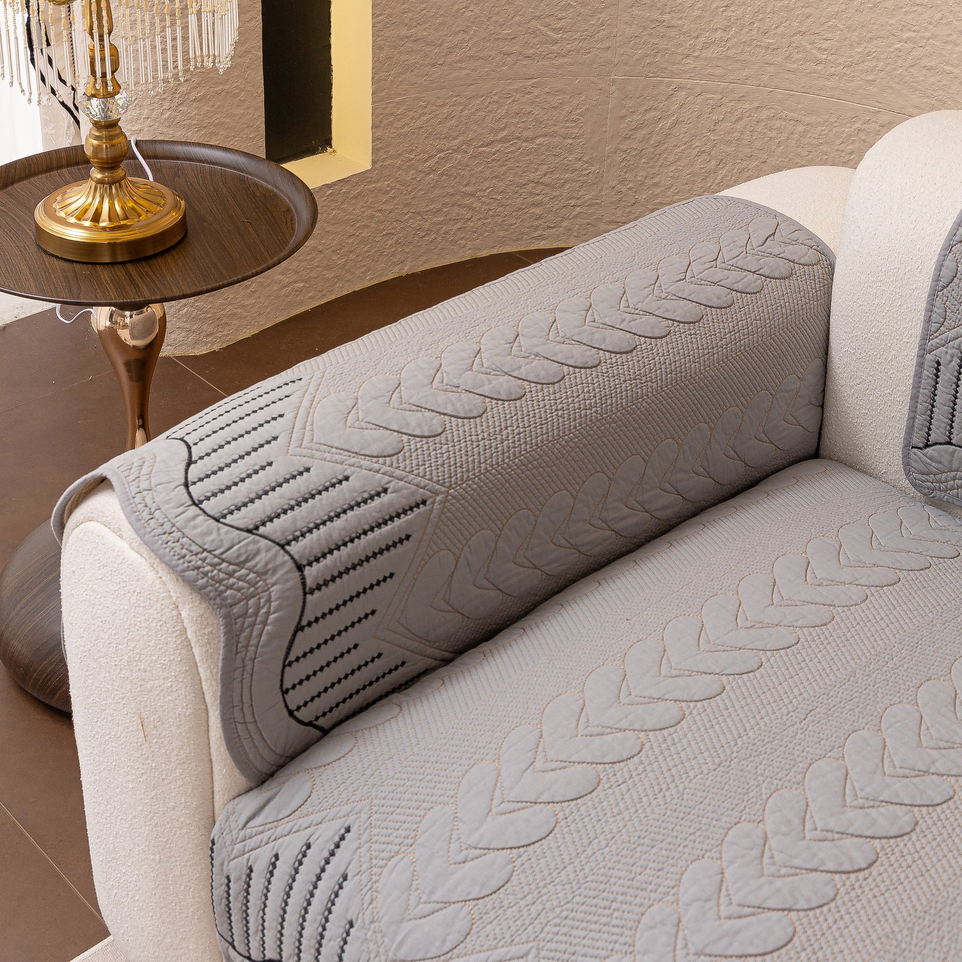 3D Quilted Thick Cotton Sofa Cover Non-Slip Couch Throw for Fabric & Leather Sofas, showing detailed embossed stitching on armrest.