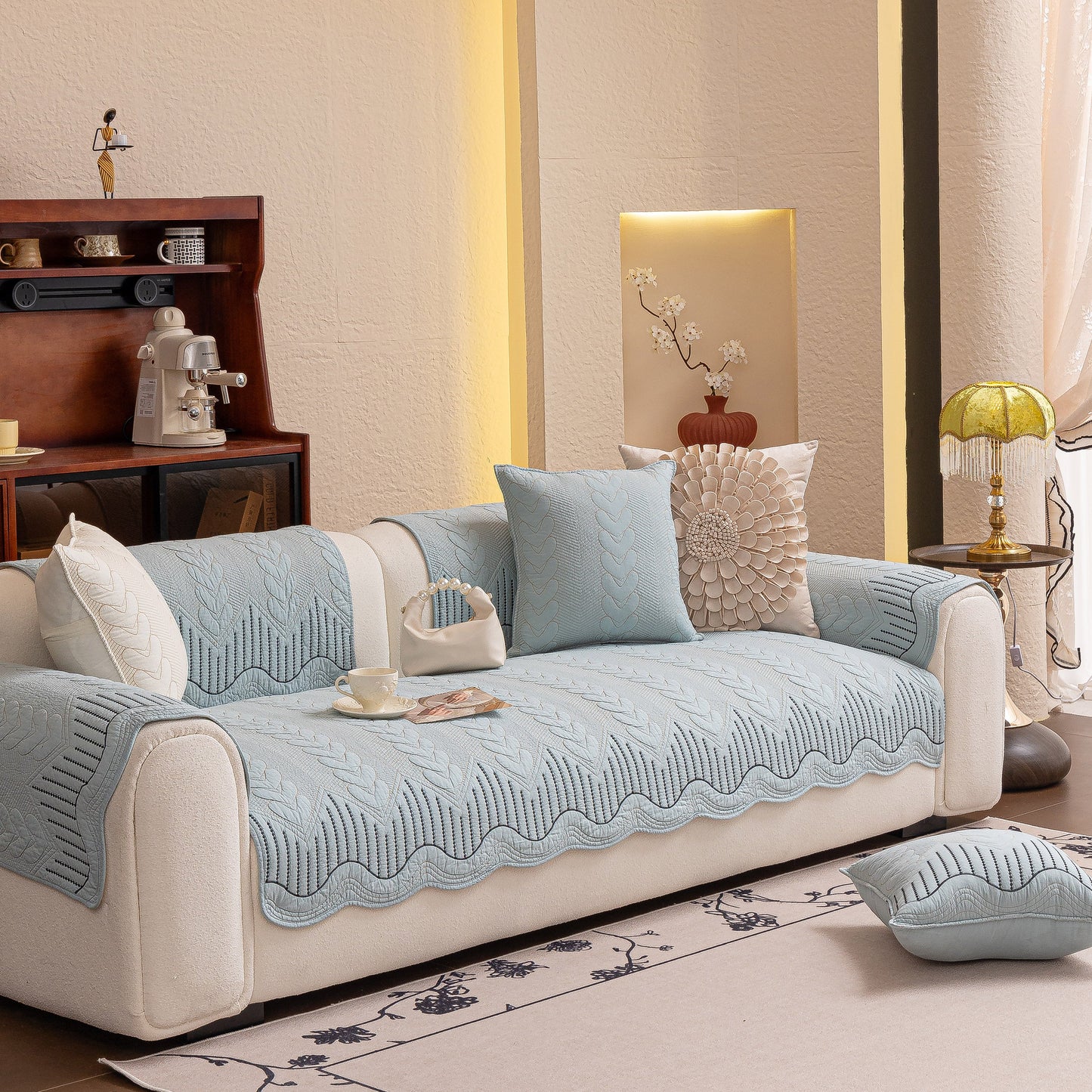 3D Quilted Thick Cotton Sofa Cover Non-Slip Couch Throw for Fabric & Leather Sofas in elegant living room setting.