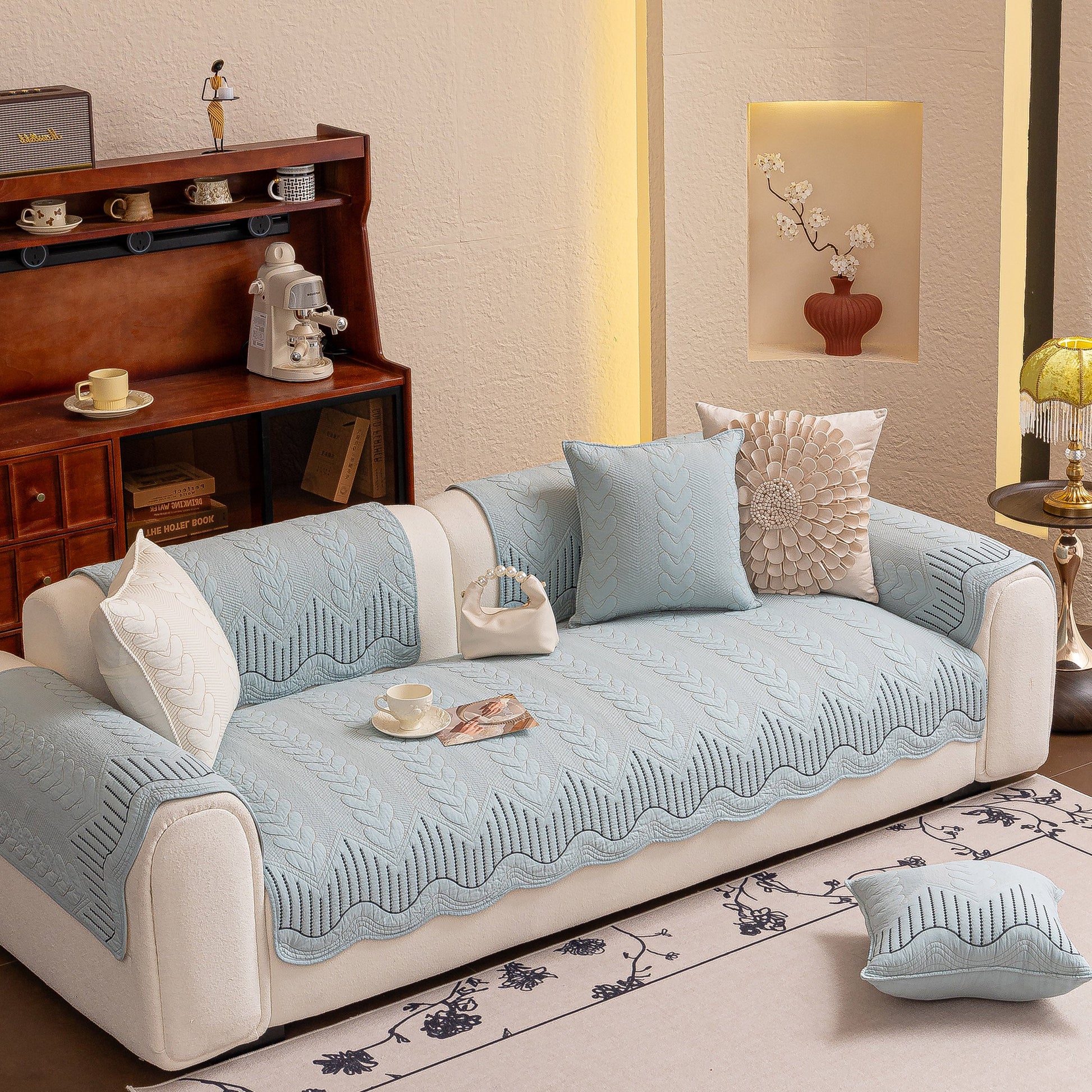 3D Quilted Thick Cotton Sofa Cover Non-Slip Couch Throw for Fabric & Leather Sofas in elegant living room setting