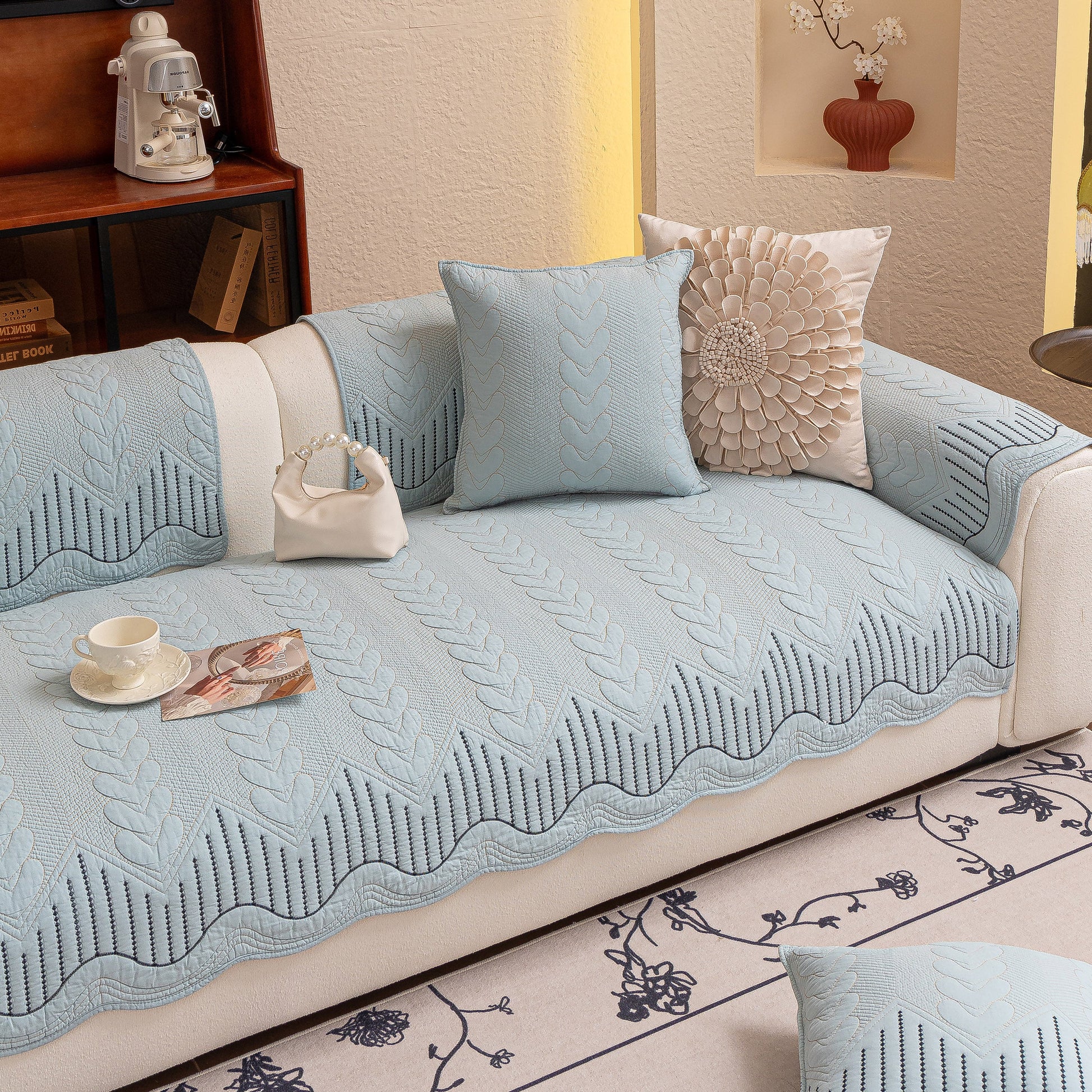 3D Quilted Thick Cotton Sofa Cover Non-Slip Couch Throw for Fabric & Leather Sofas with intricate embossed stitching.