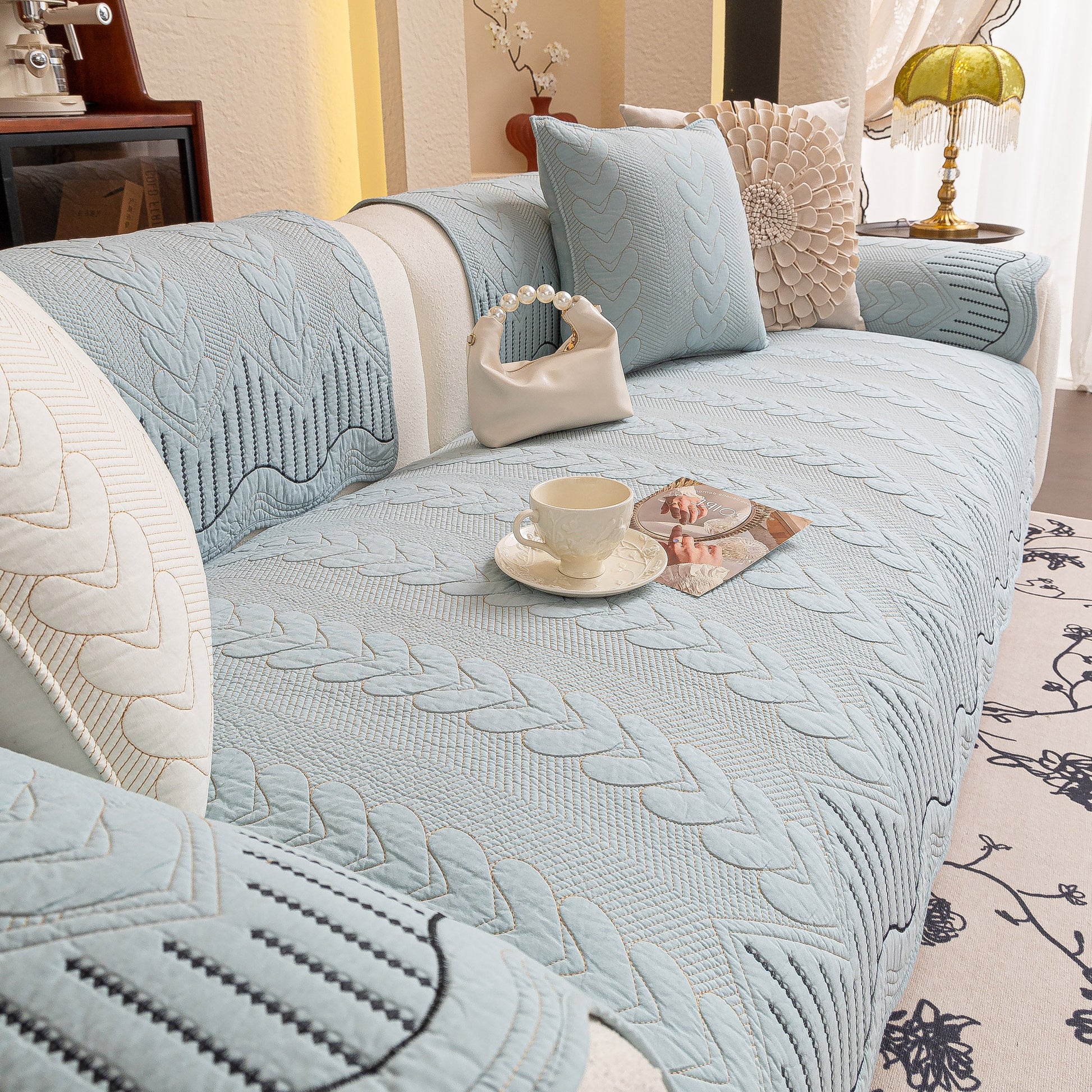 3D Quilted Thick Cotton Sofa Cover Non-Slip Couch Throw for Fabric & Leather Sofas in elegant living room setting