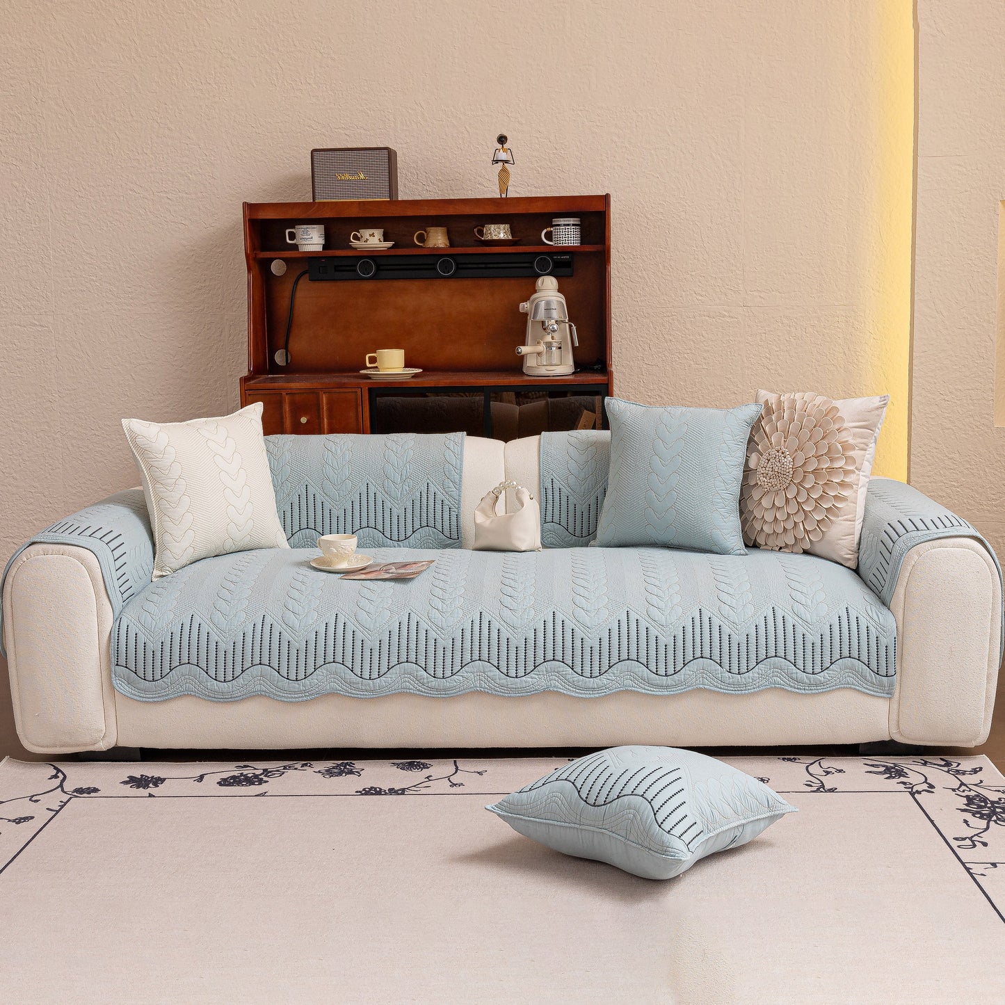 Blue 3D Quilted Thick Cotton Sofa Cover Non-Slip Couch Throw for Fabric & Leather Sofas on a beige sofa