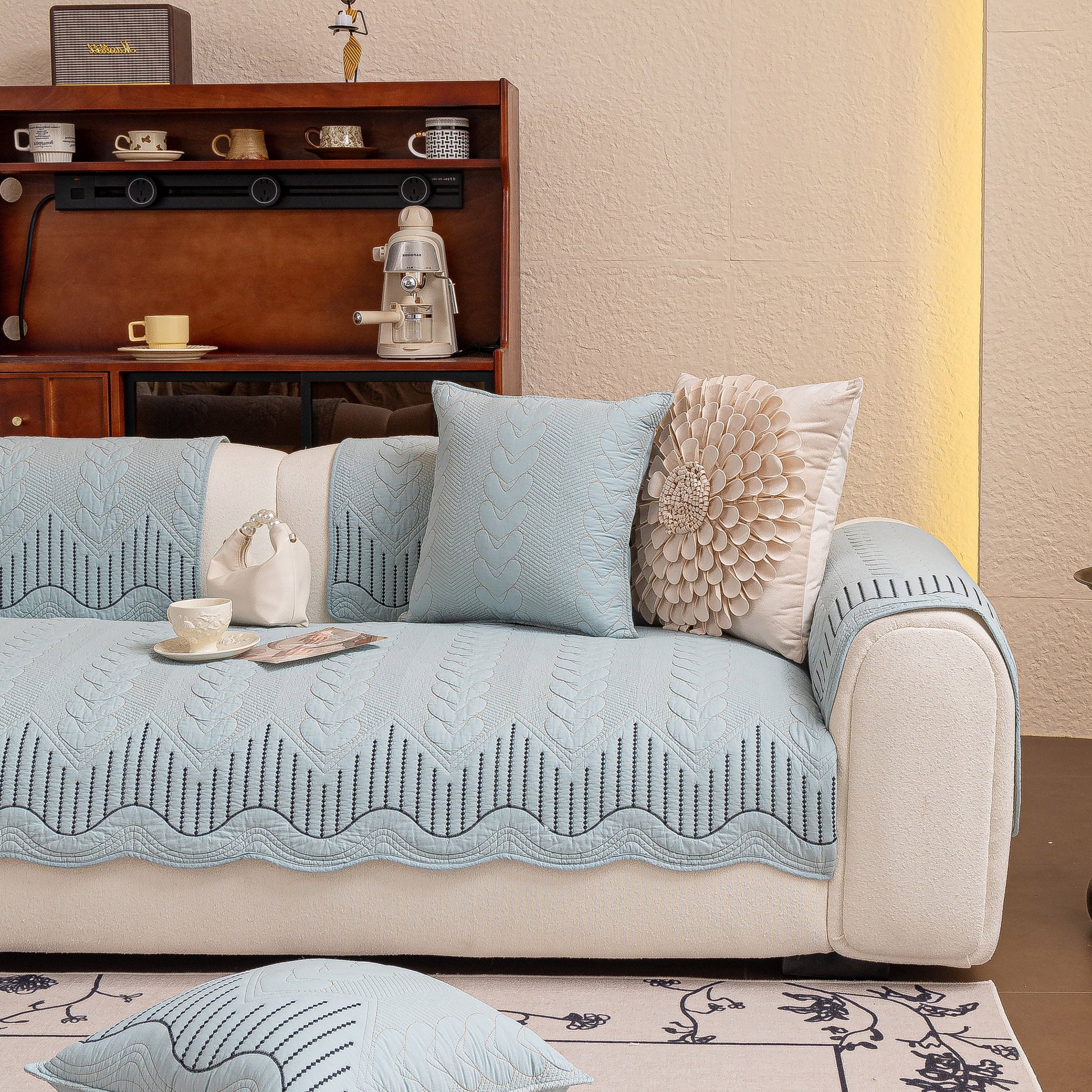 3D Quilted Thick Cotton Sofa Cover Non-Slip Couch Throw for Fabric & Leather Sofas with intricate embossed stitching design