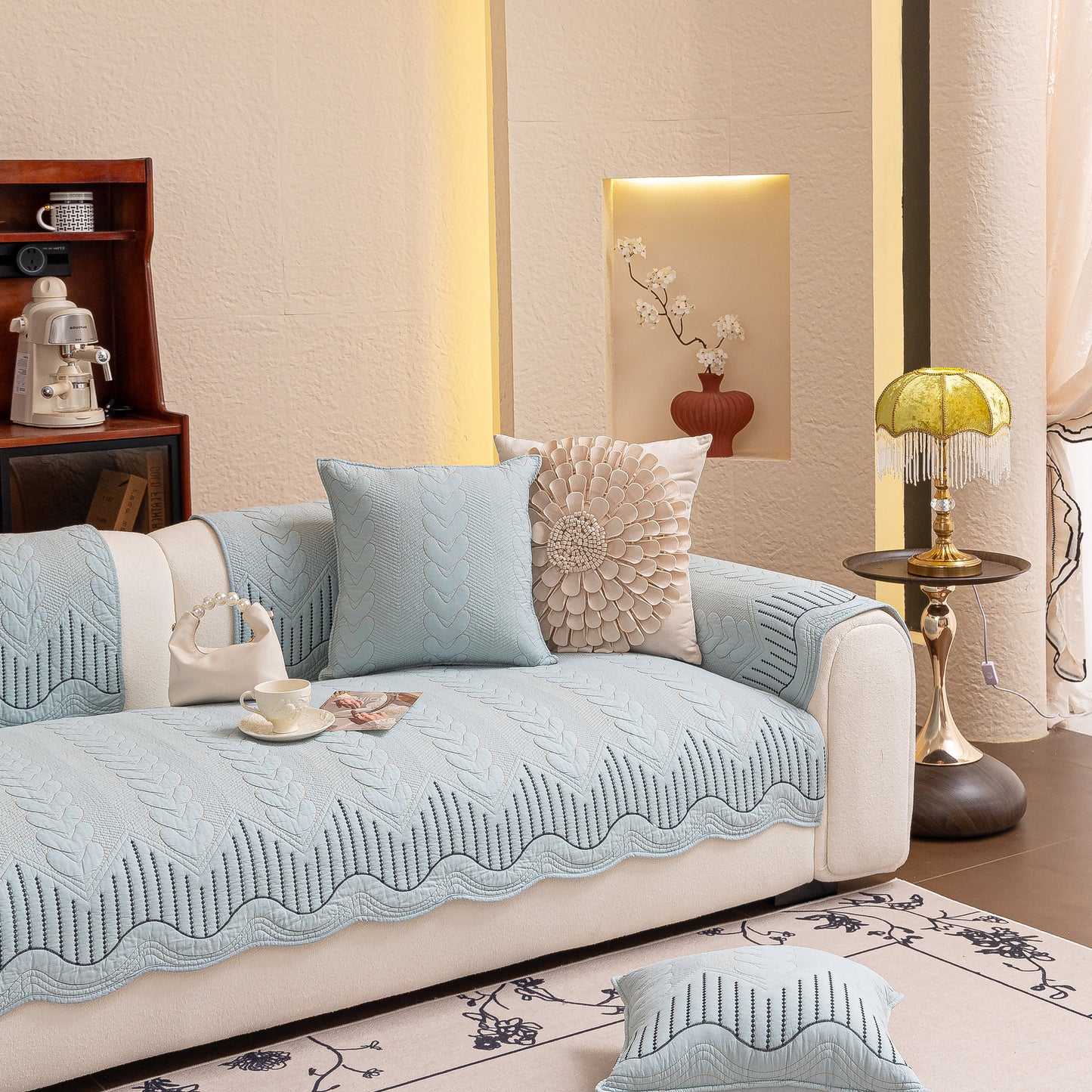 3D Quilted Thick Cotton Sofa Cover Non-Slip Couch Throw for Fabric & Leather Sofas in a stylish living room setting