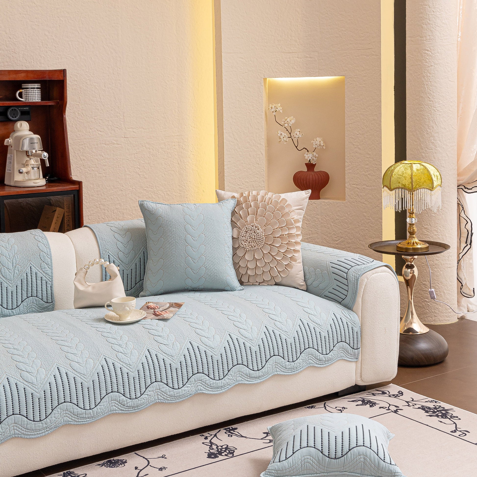 3D Quilted Thick Cotton Sofa Cover Non-Slip Couch Throw for Fabric & Leather Sofas in a stylish living room setting