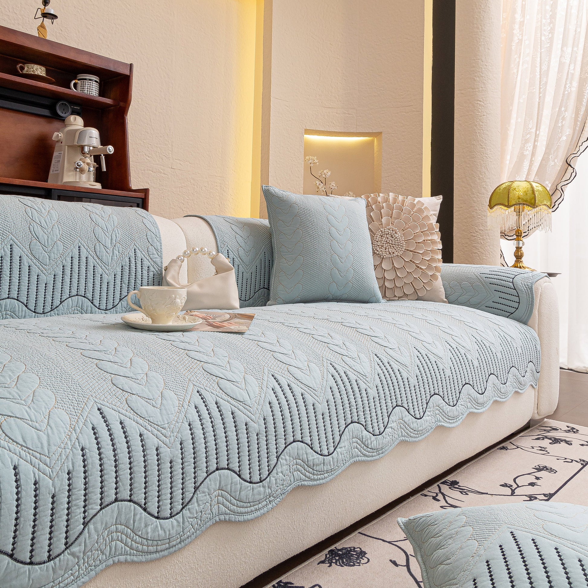 3D Quilted Thick Cotton Sofa Cover Non-Slip Couch Throw for Fabric & Leather Sofas in living room setting with decorative pillows