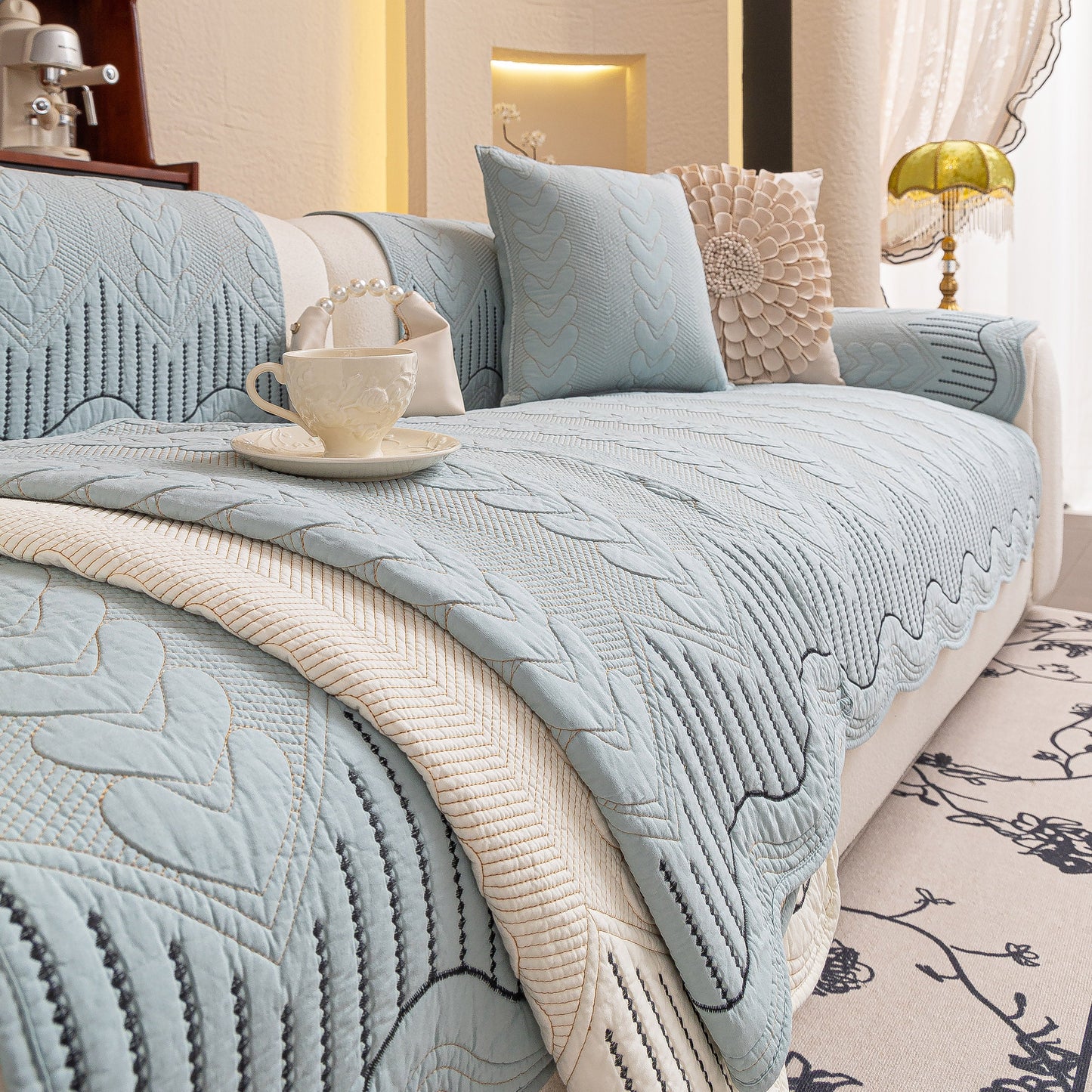 3D Quilted Thick Cotton Sofa Cover Non-Slip Couch Throw for Fabric & Leather Sofas in elegant living room setting.