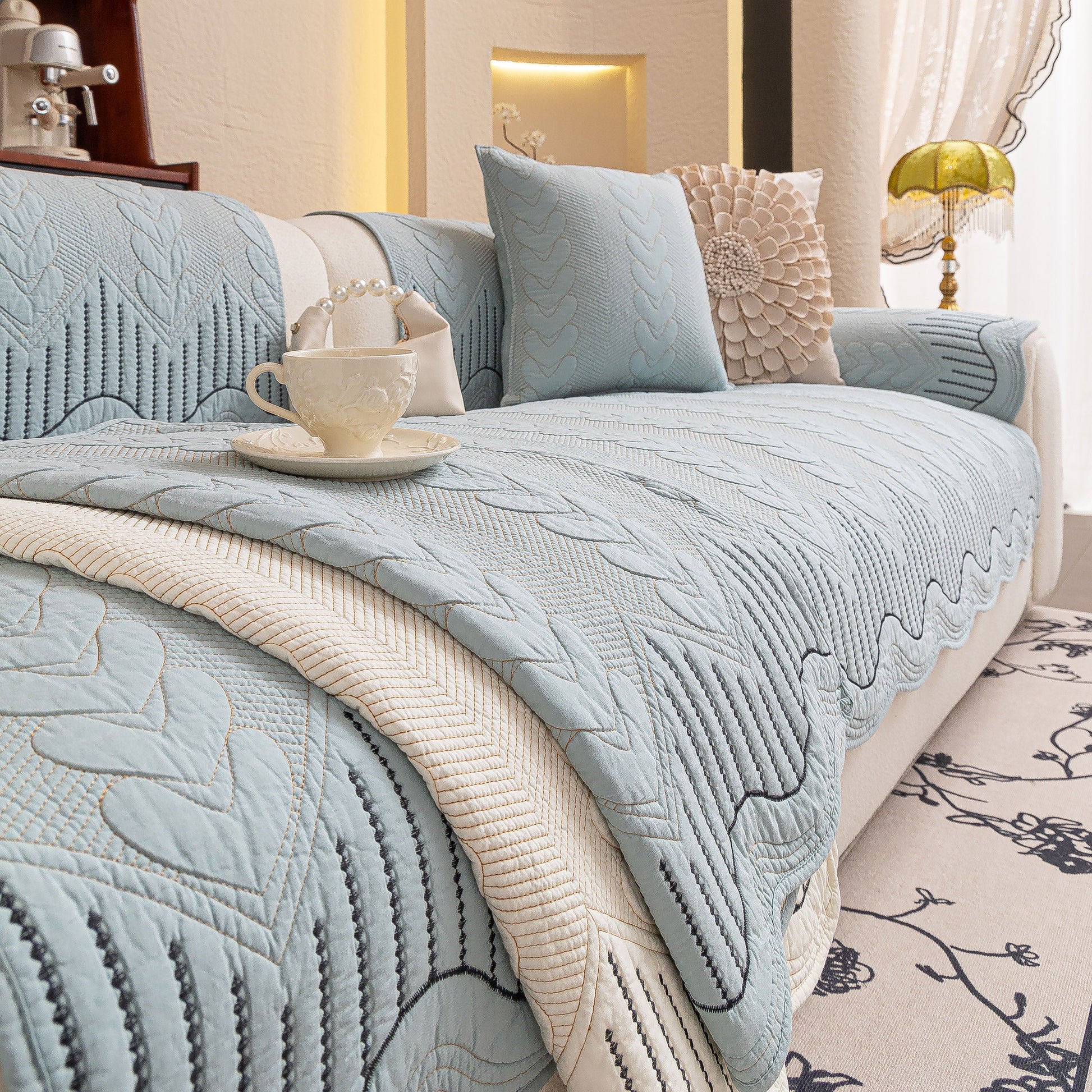 3D Quilted Thick Cotton Sofa Cover Non-Slip Couch Throw for Fabric & Leather Sofas in elegant living room setting.