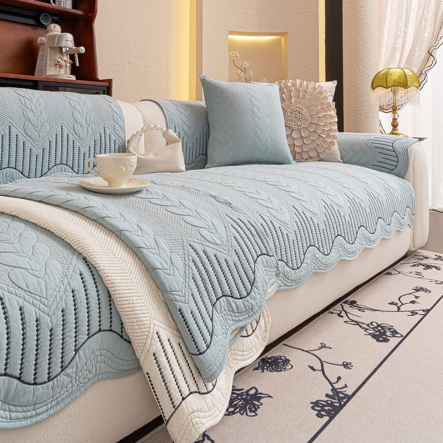 3D Quilted Thick Cotton Sofa Cover Non-Slip Couch Throw for Fabric & Leather Sofas in living room setting