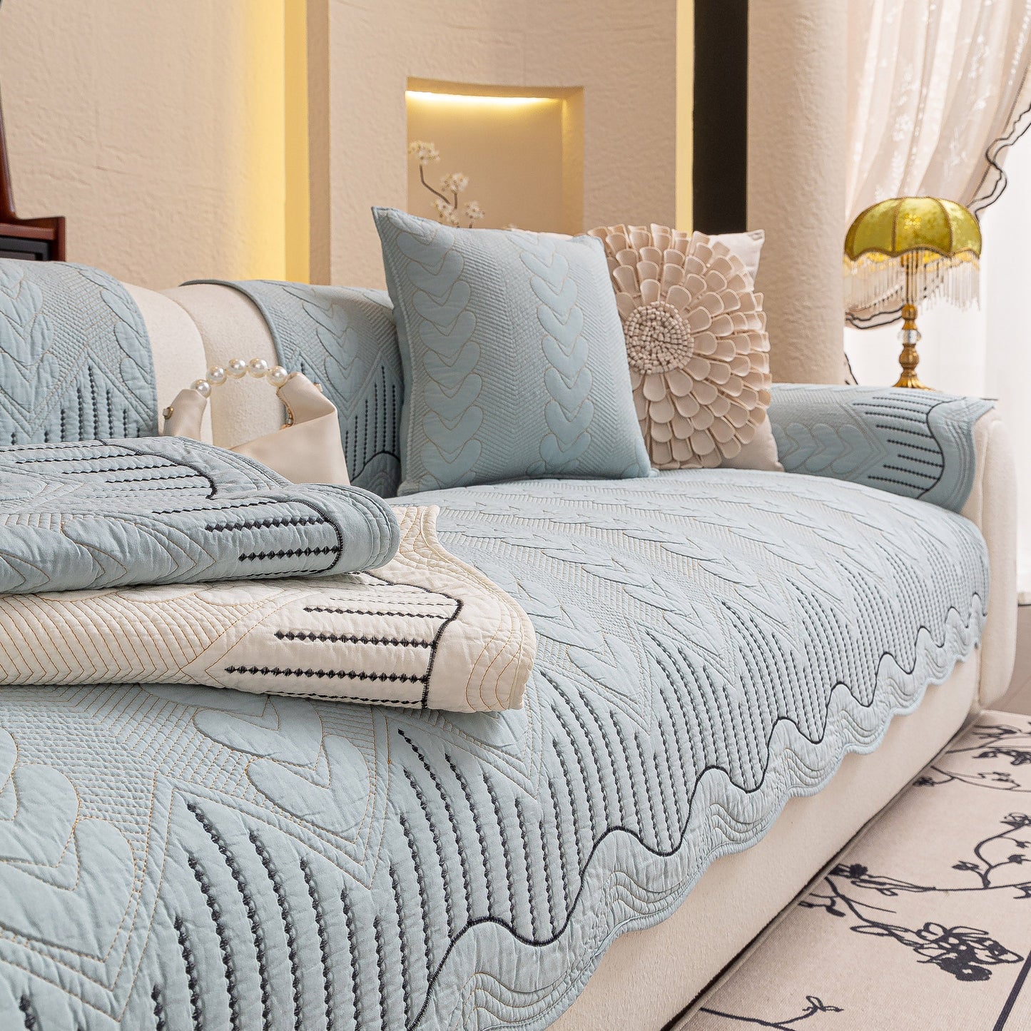 3D Quilted Thick Cotton Sofa Cover Non-Slip Couch Throw for Fabric & Leather Sofas in living room setting with decorative pillows.