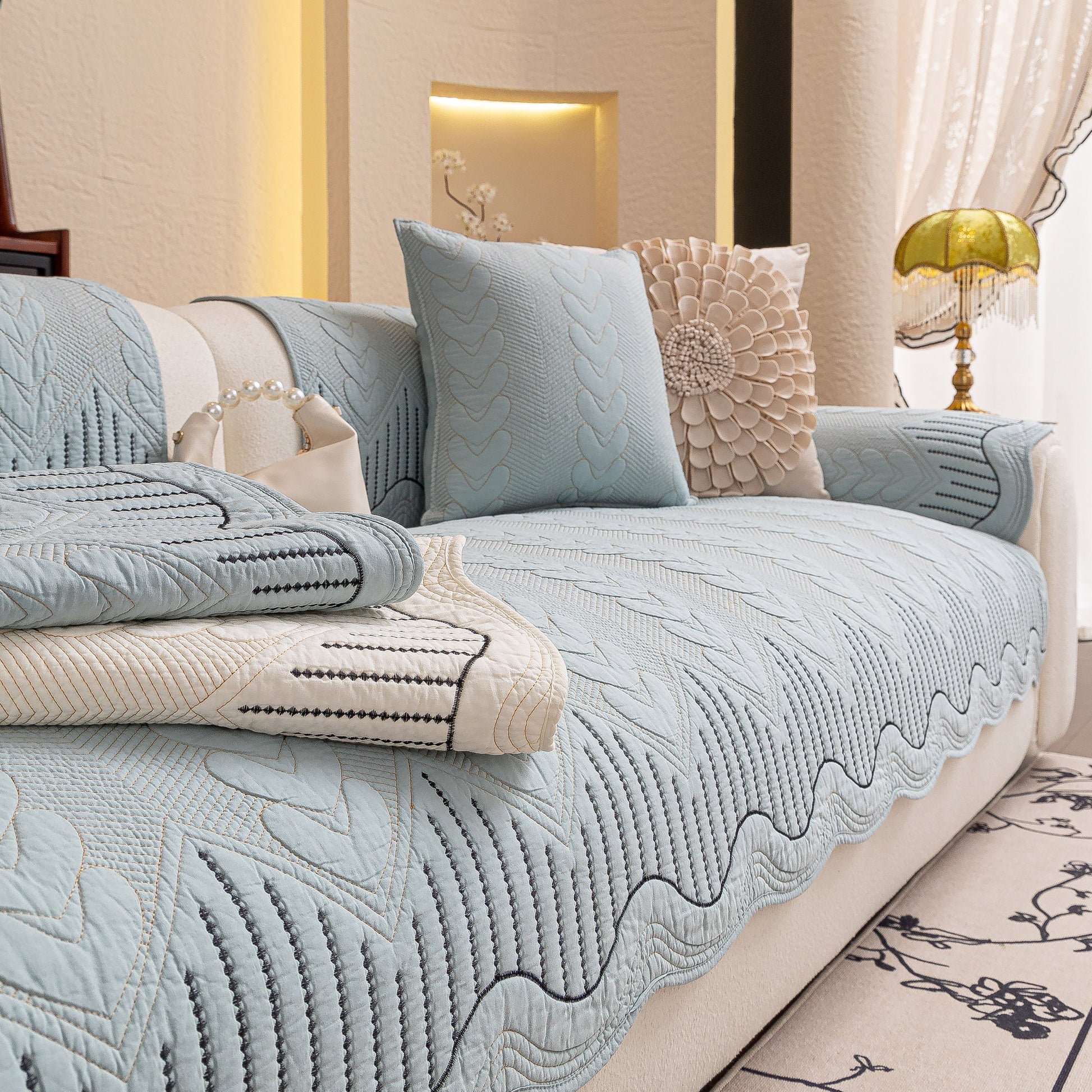 3D Quilted Thick Cotton Sofa Cover Non-Slip Couch Throw for Fabric & Leather Sofas in living room setting with decorative pillows.