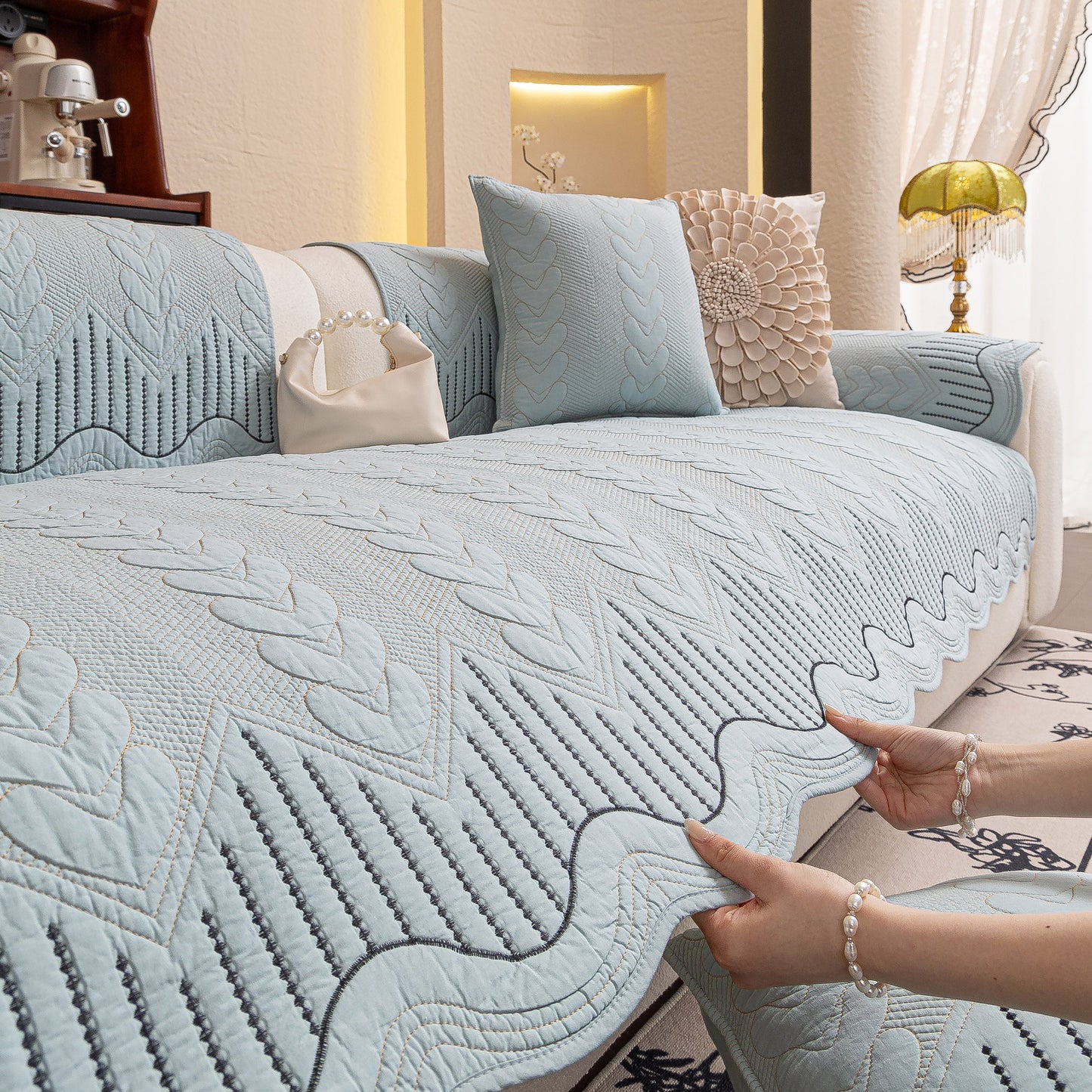 3D Quilted Thick Cotton Sofa Cover Non-Slip Couch Throw for Fabric & Leather Sofas with embossed stitching details