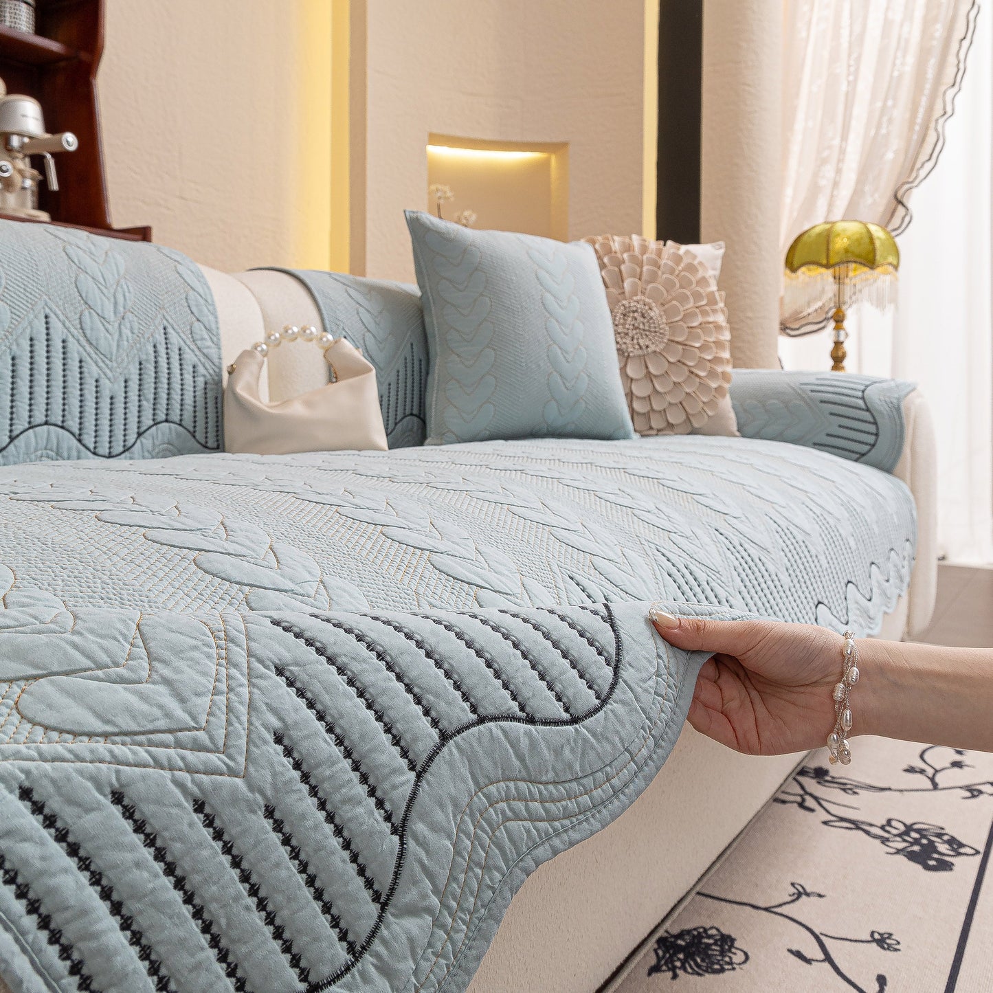 3D Quilted Thick Cotton Sofa Cover Non-Slip Couch Throw for Fabric & Leather Sofas in elegant embossed design
