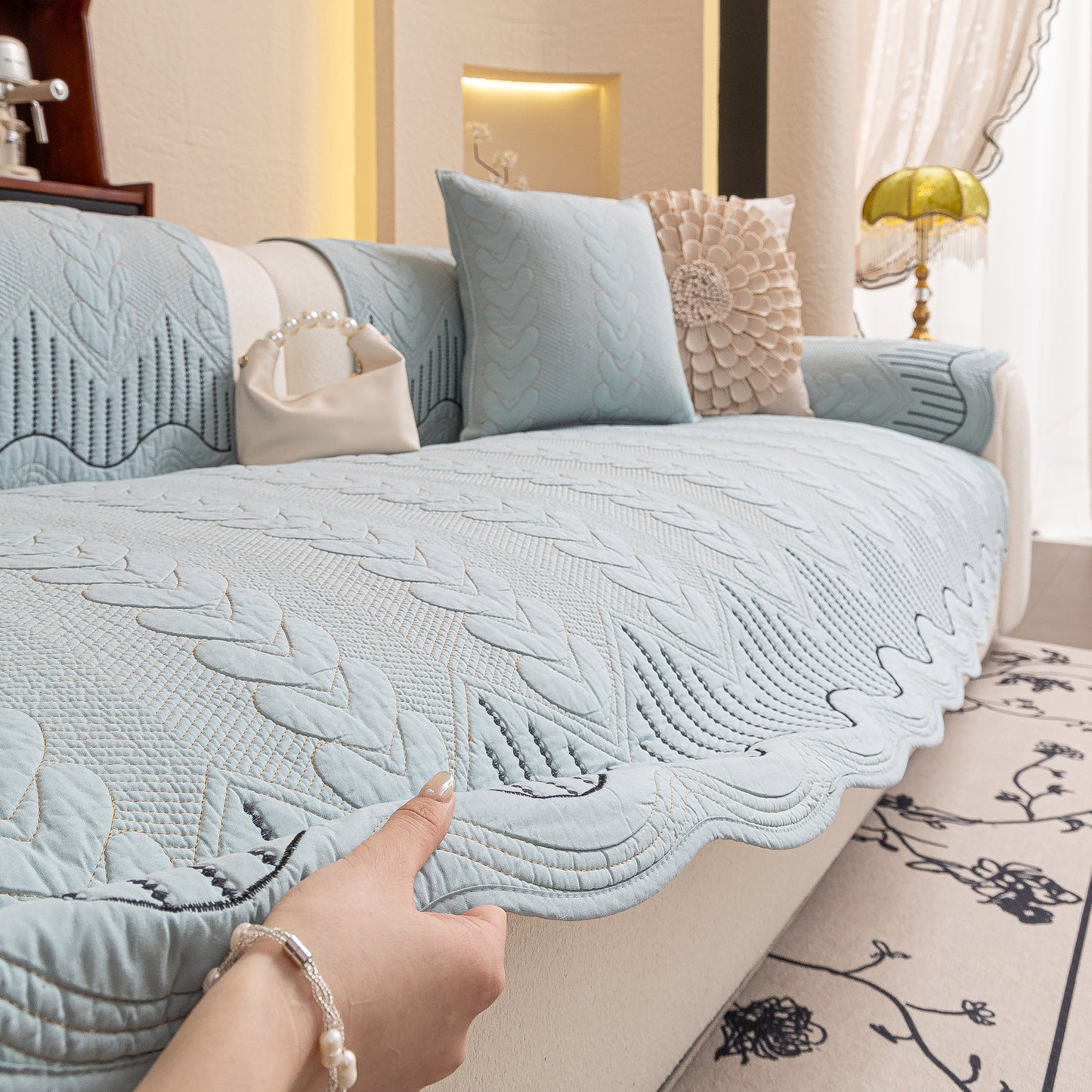 3D Quilted Thick Cotton Sofa Cover Non-Slip Couch Throw for Fabric & Leather Sofas in a cozy living room setting.