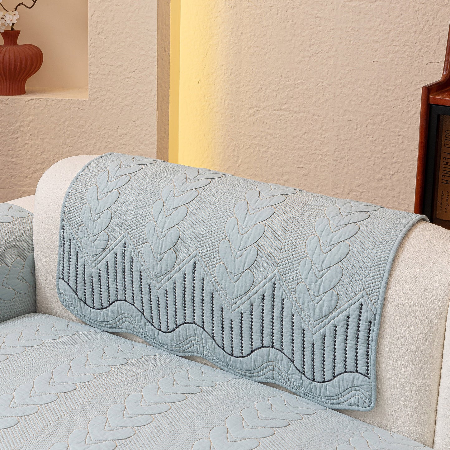 3D Quilted Thick Cotton Sofa Cover Non-Slip Couch Throw for Fabric & Leather Sofas in light blue with embossed stitching