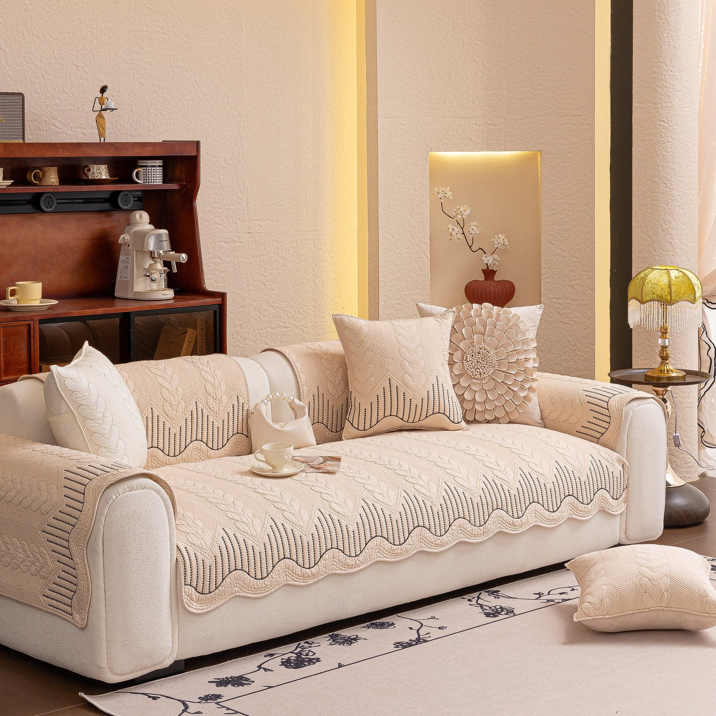 3D Quilted Thick Cotton Sofa Cover Non-Slip Couch Throw for Fabric & Leather Sofas in elegant beige design on modern sofa.