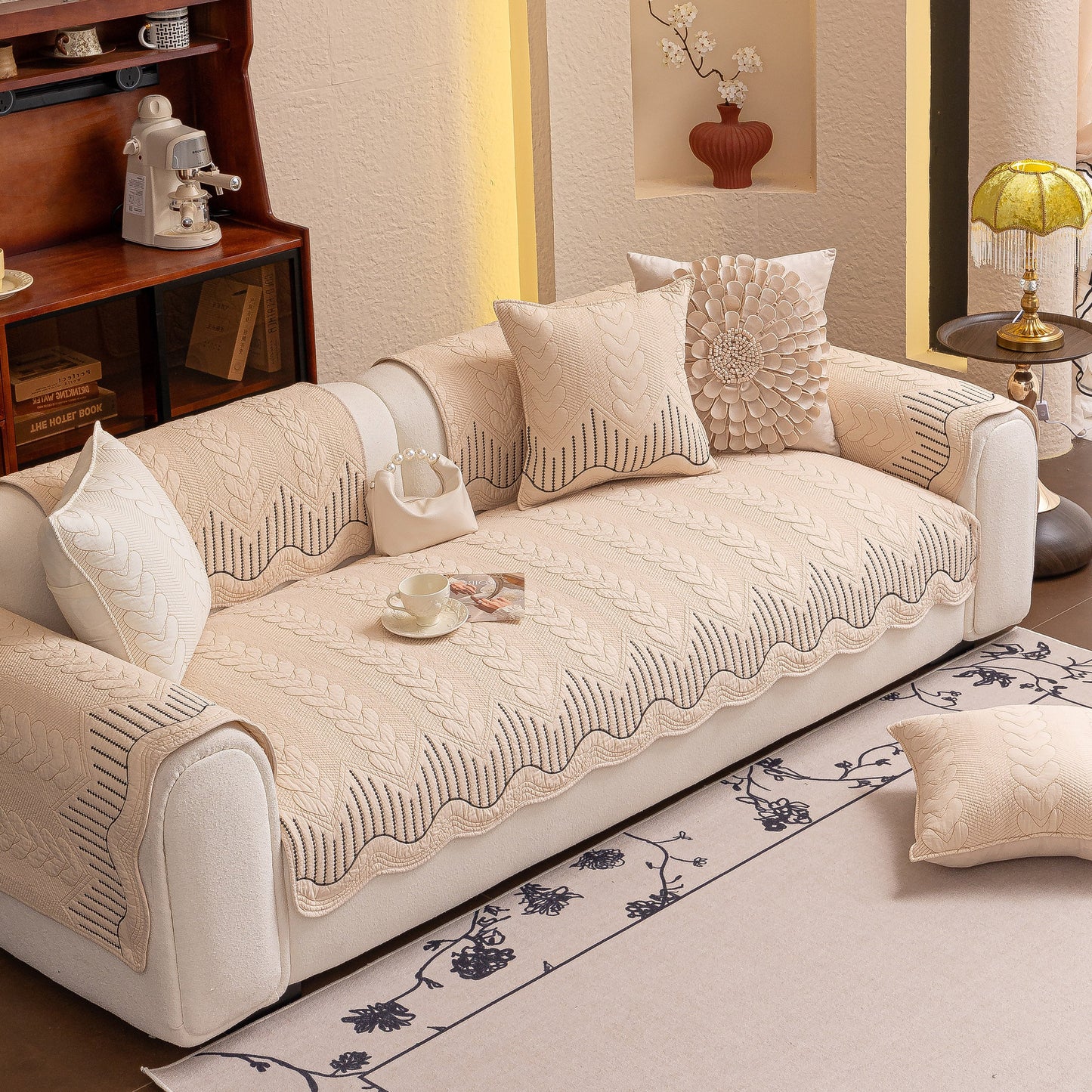 3D Quilted Thick Cotton Sofa Cover Non-Slip Couch Throw for Fabric & Leather Sofas in elegant beige with intricate design on a sofa.