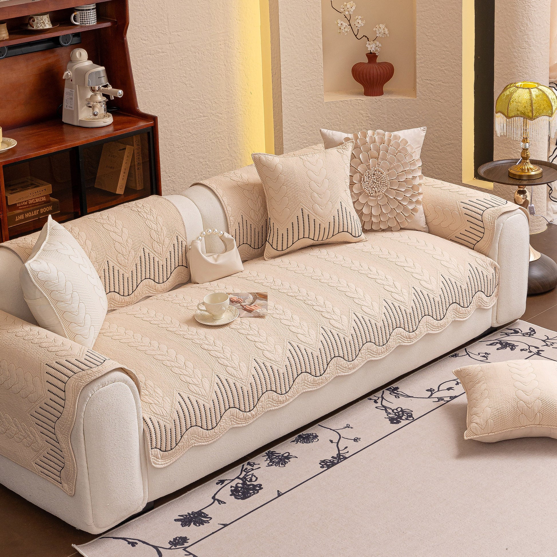 3D Quilted Thick Cotton Sofa Cover Non-Slip Couch Throw for Fabric & Leather Sofas in elegant beige with intricate design on a sofa.