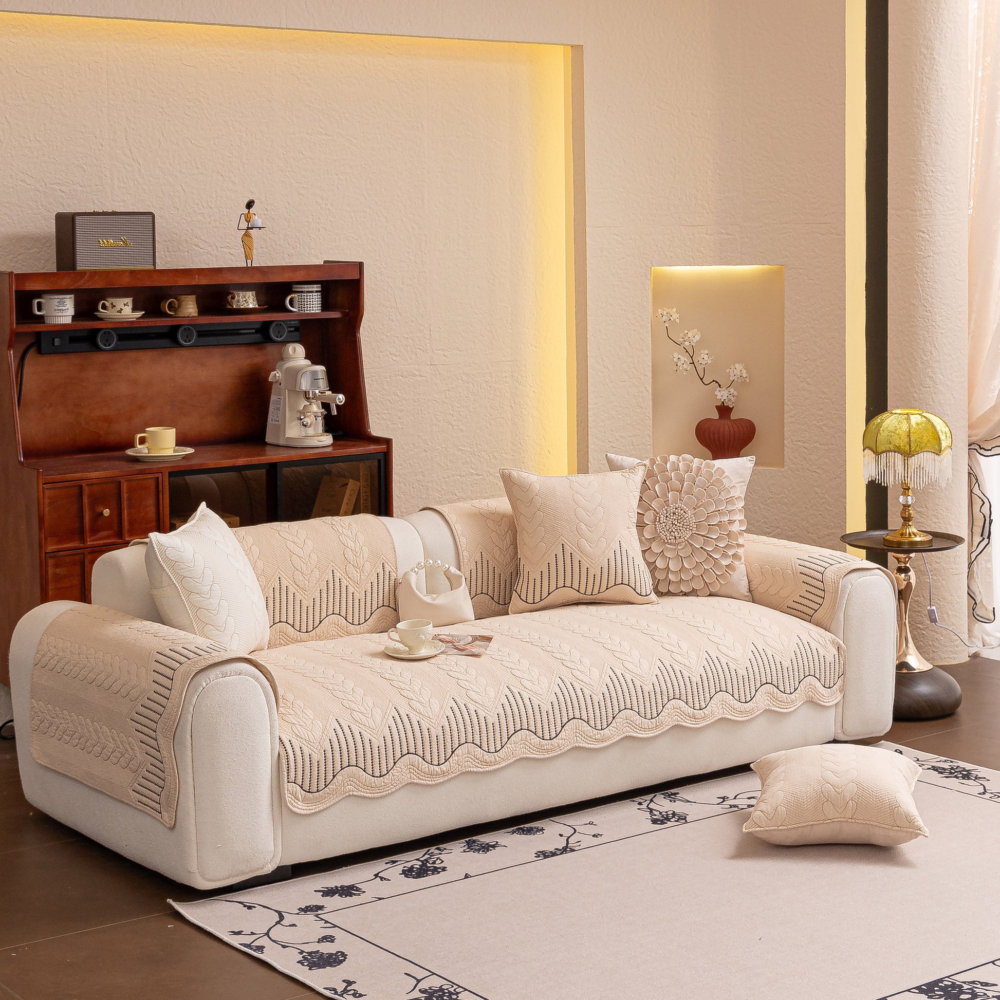 3D Quilted Thick Cotton Sofa Cover Non-Slip Couch Throw for Fabric & Leather Sofas in a cozy living room setting