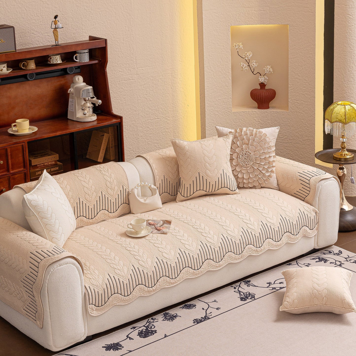 Living room with 3D Quilted Thick Cotton Sofa Cover Non-Slip Couch Throw for Fabric & Leather Sofas in beige and cream decor.
