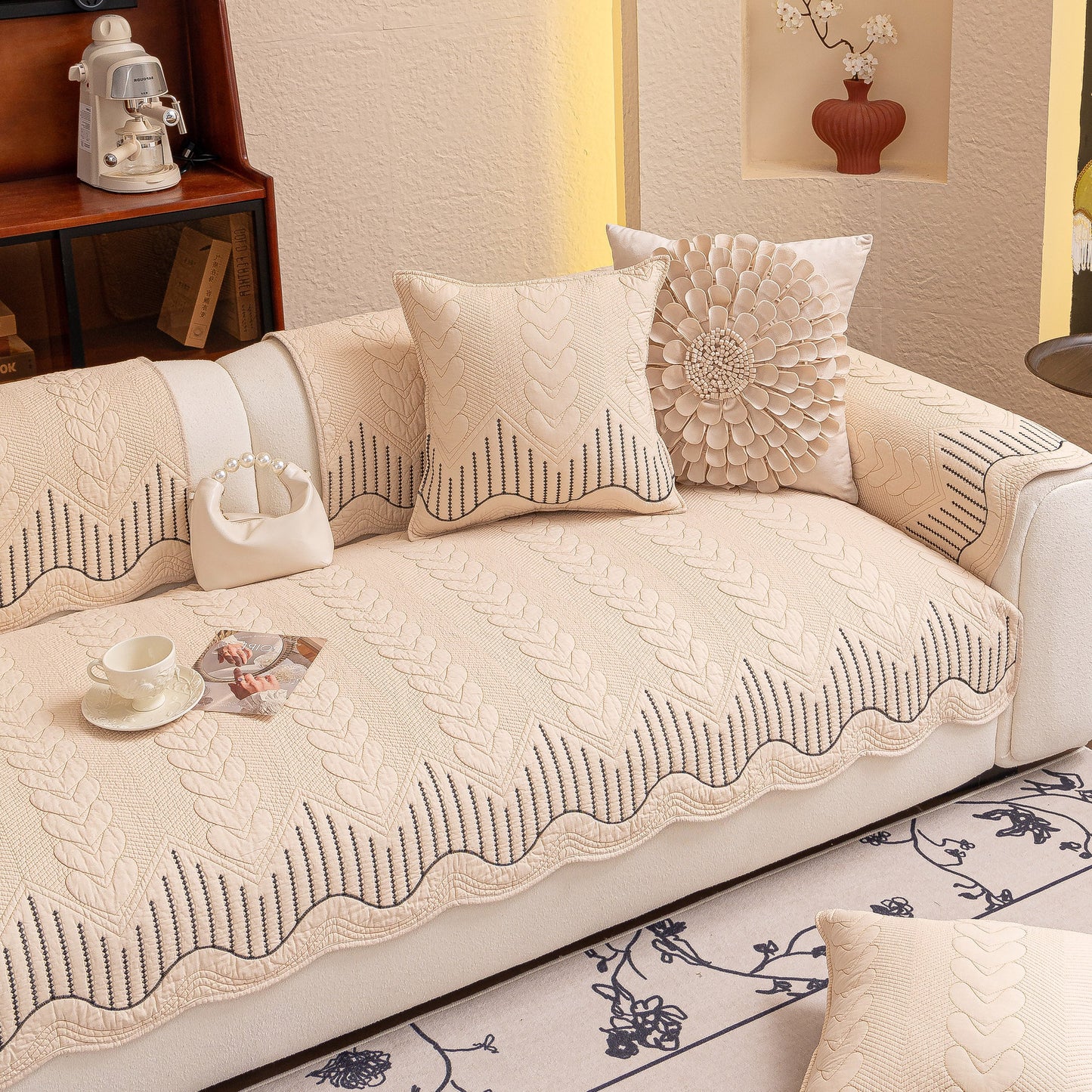 3D Quilted Thick Cotton Sofa Cover Non-Slip Couch Throw for Fabric & Leather Sofas with embossed stitching on a sofa