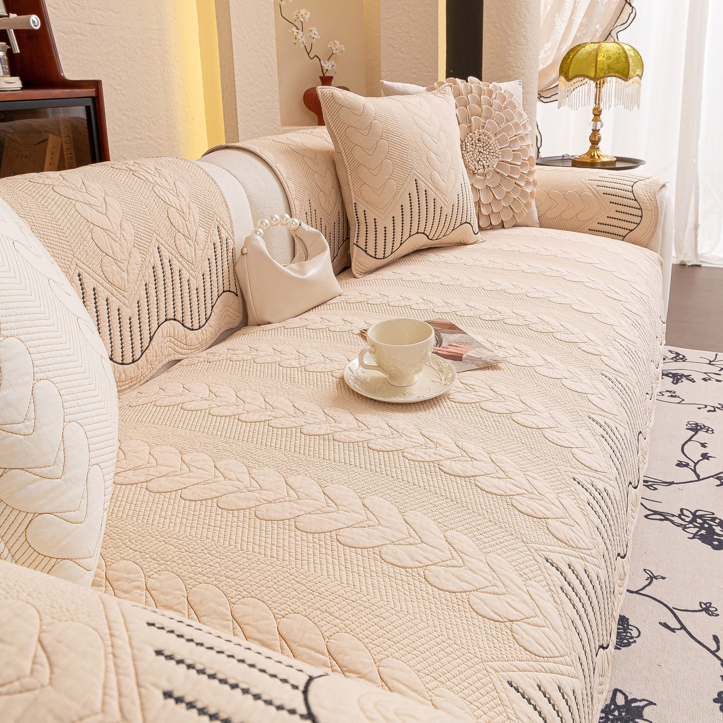 3D Quilted Thick Cotton Sofa Cover Non-Slip Couch Throw for Fabric & Leather Sofas in elegant living room setting with cushions