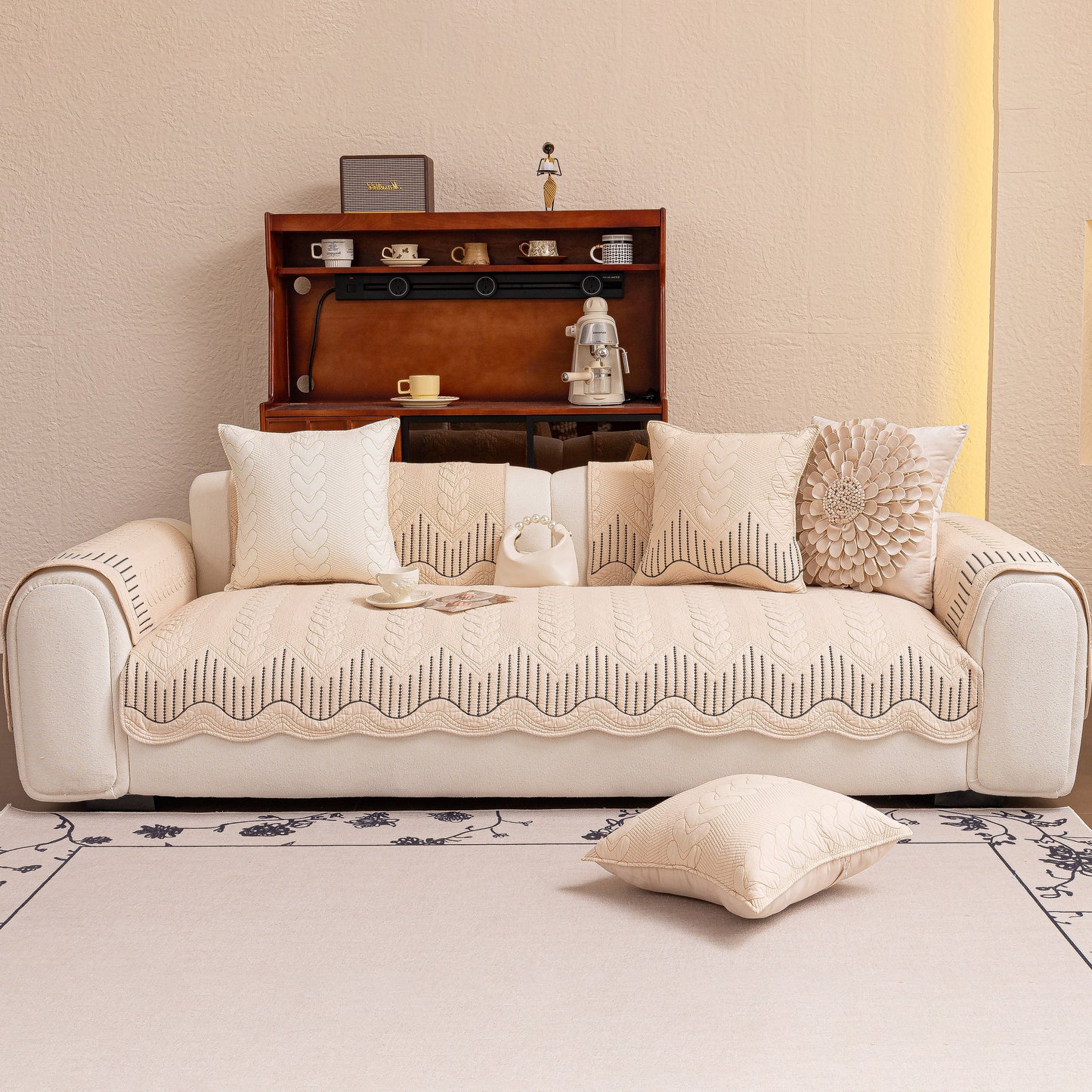 Living room with 3D Quilted Thick Cotton Sofa Cover Non-Slip Couch Throw for Fabric & Leather Sofas
