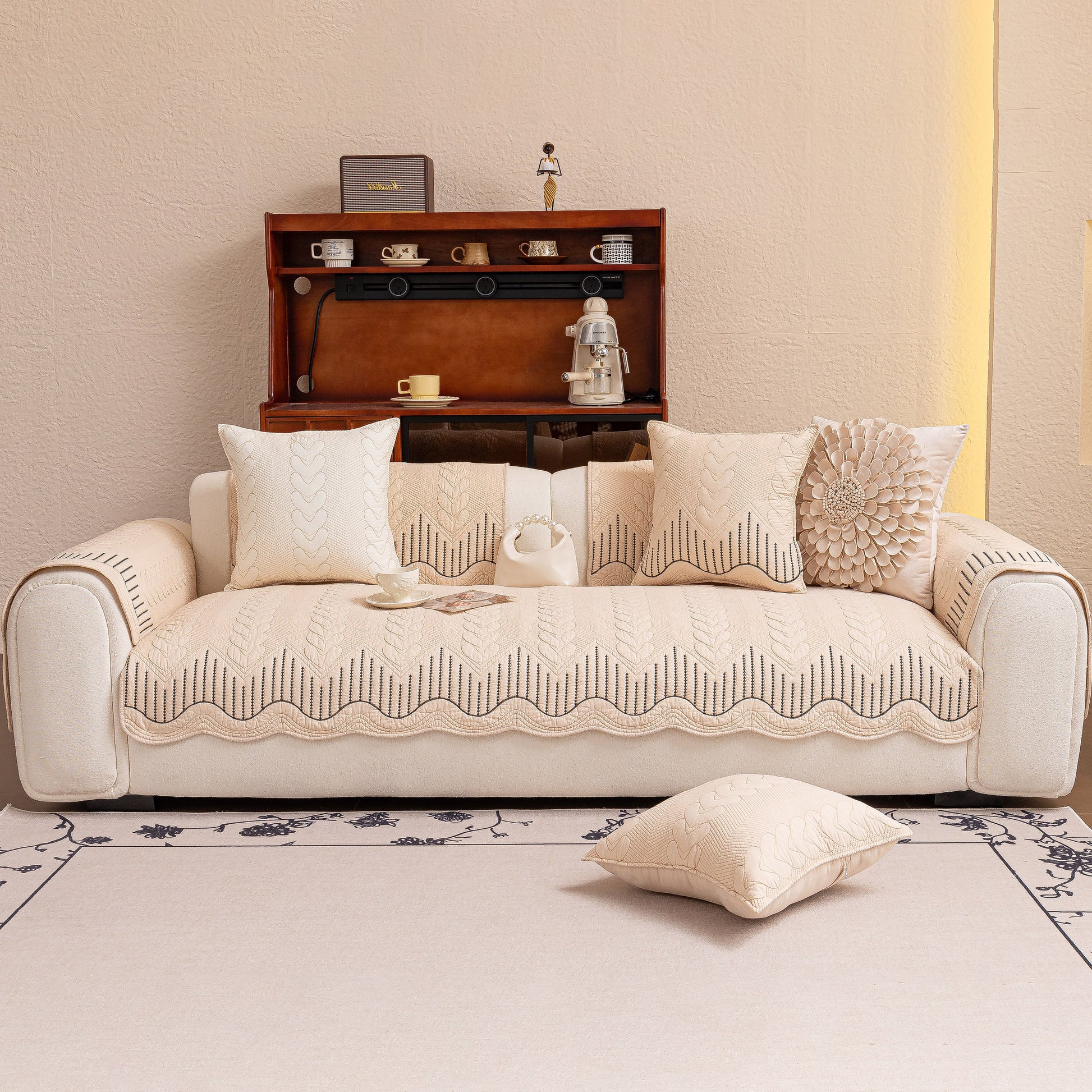 Living room with 3D Quilted Thick Cotton Sofa Cover Non-Slip Couch Throw for Fabric & Leather Sofas