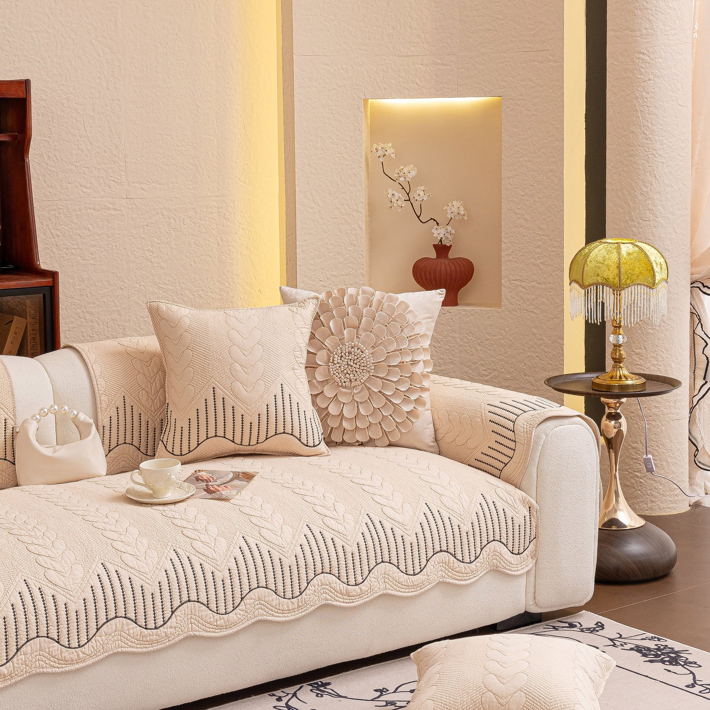 3D Quilted Thick Cotton Sofa Cover Non-Slip Couch Throw for Fabric & Leather Sofas in a stylish living room setting
