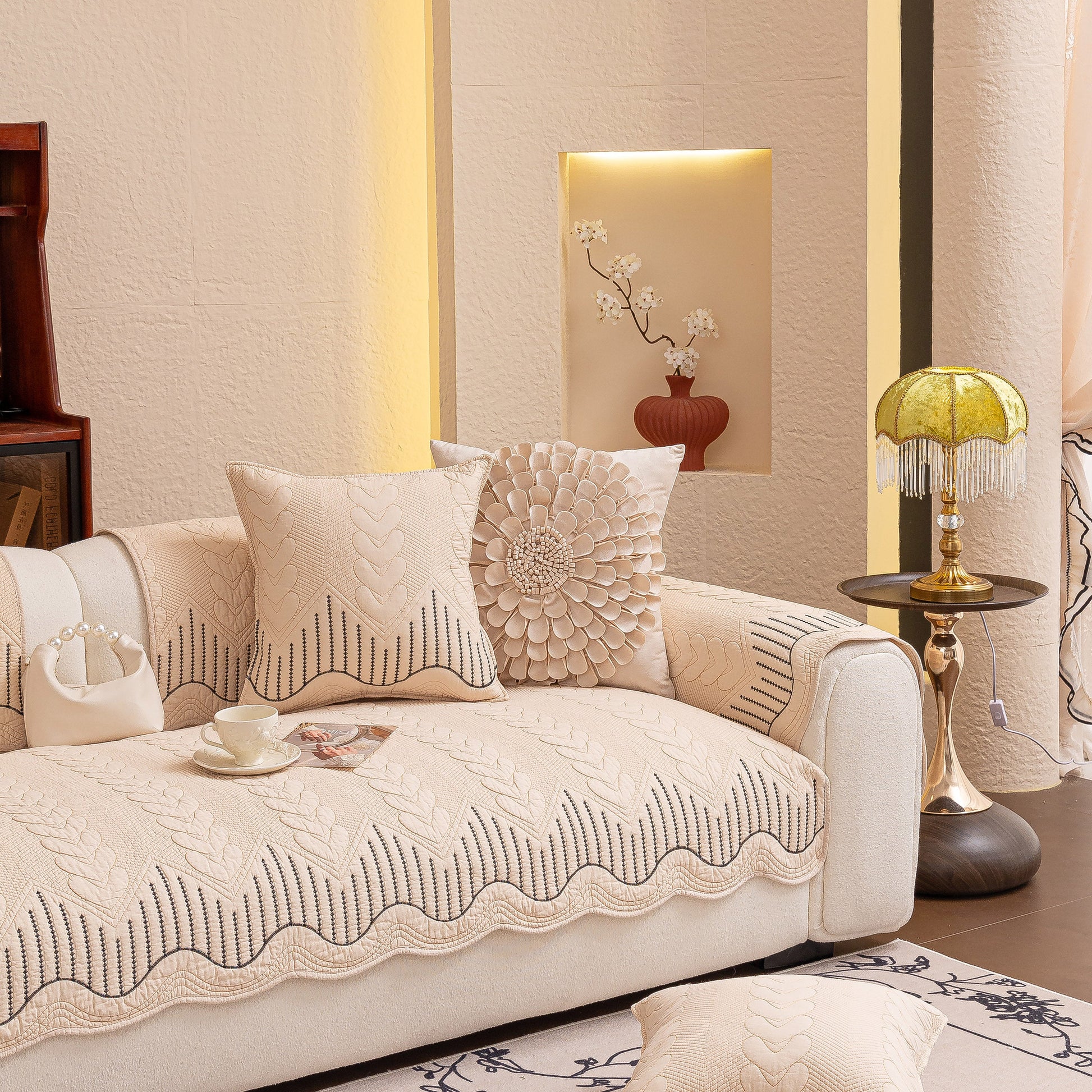 3D Quilted Thick Cotton Sofa Cover Non-Slip Couch Throw for Fabric & Leather Sofas in a stylish living room setting