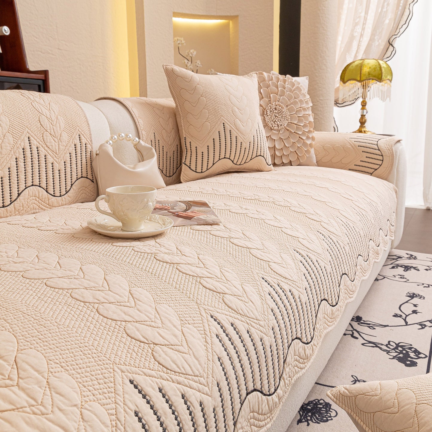 3D Quilted Thick Cotton Sofa Cover Non-Slip Couch Throw for Fabric & Leather Sofas in beige with intricate embossed patterns