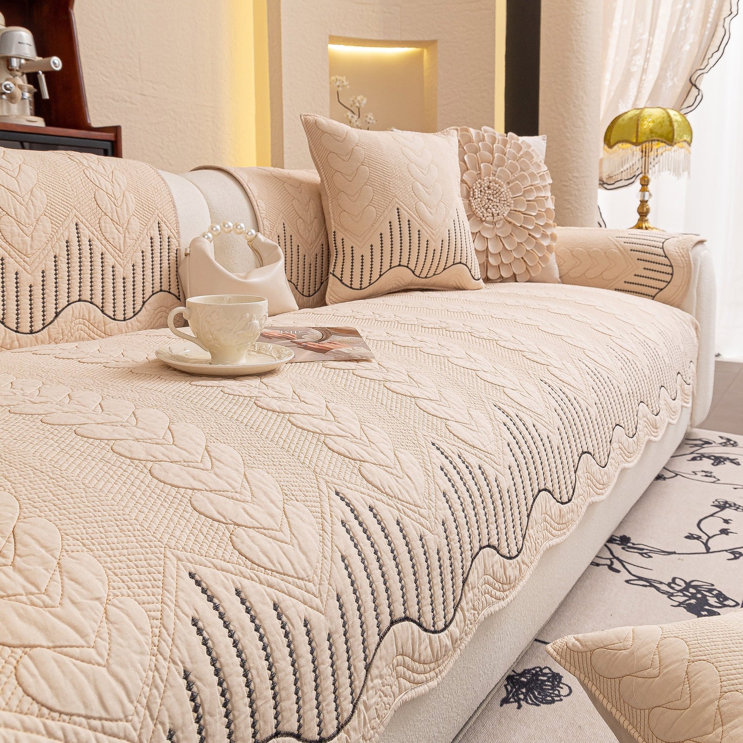 3D Quilted Thick Cotton Sofa Cover Non-Slip Couch Throw for Fabric & Leather Sofas in a stylish living room setting