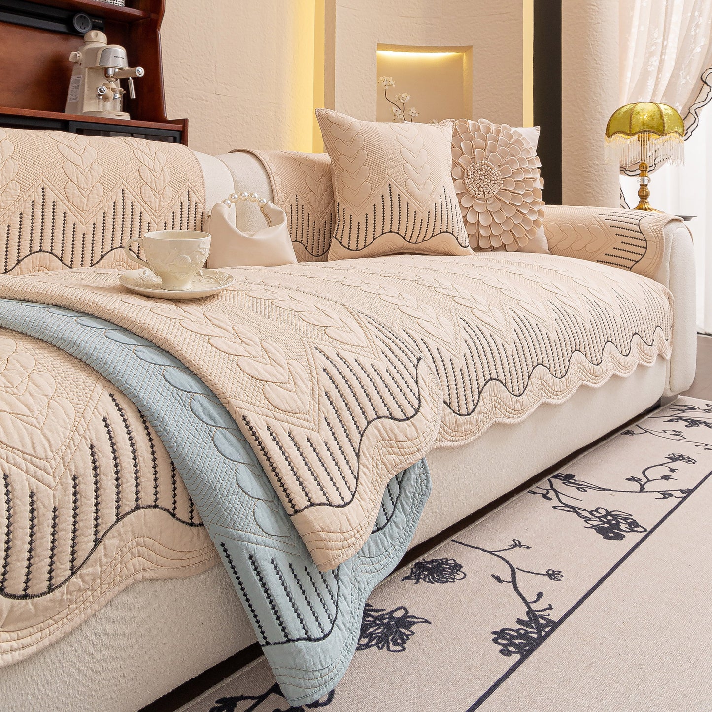 Luxurious 3D Quilted Thick Cotton Sofa Cover Non-Slip Couch Throw for Fabric & Leather Sofas, showcasing intricate embossed patterns.