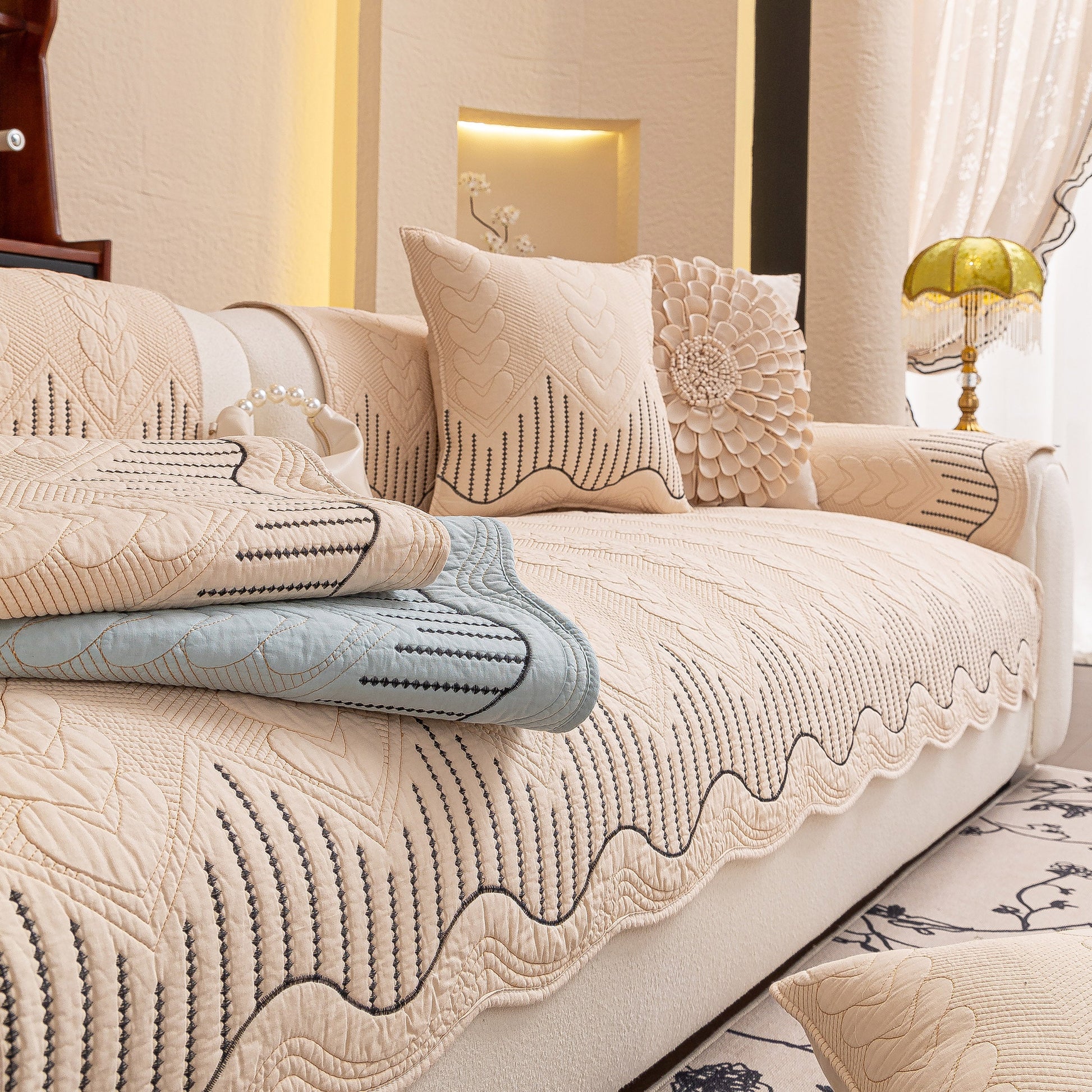 3D Quilted Thick Cotton Sofa Cover Non-Slip Couch Throw for Fabric & Leather Sofas, showcasing embossed stitching design.