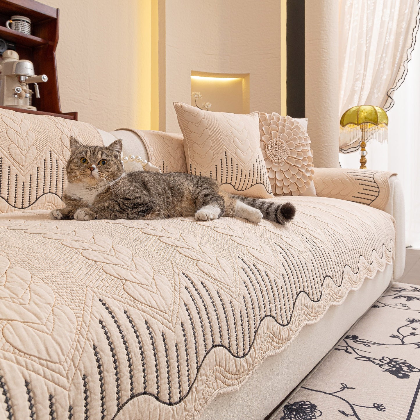 3D Quilted Thick Cotton Sofa Cover Non-Slip Couch Throw for Fabric & Leather Sofas with a cat lounging on it.