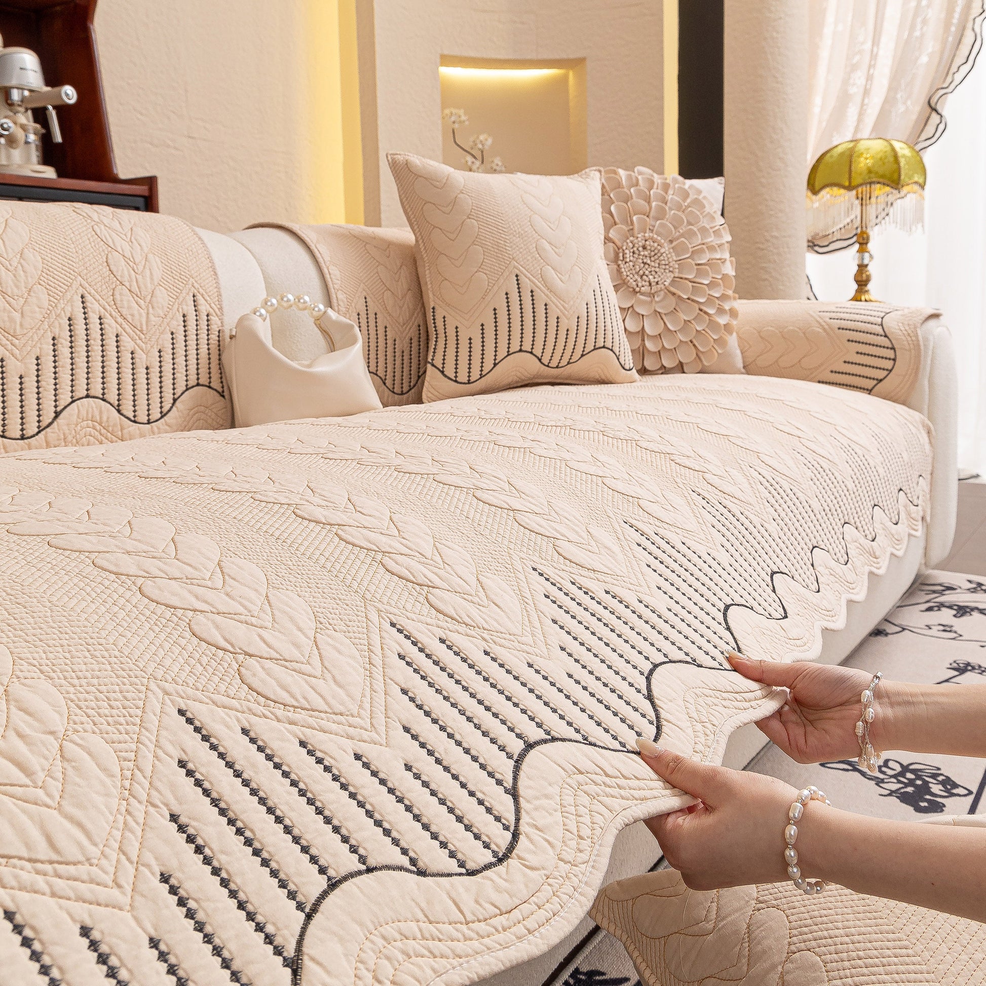 3D Quilted Thick Cotton Sofa Cover Non-Slip Couch Throw for Fabric & Leather Sofas with intricate embossed design