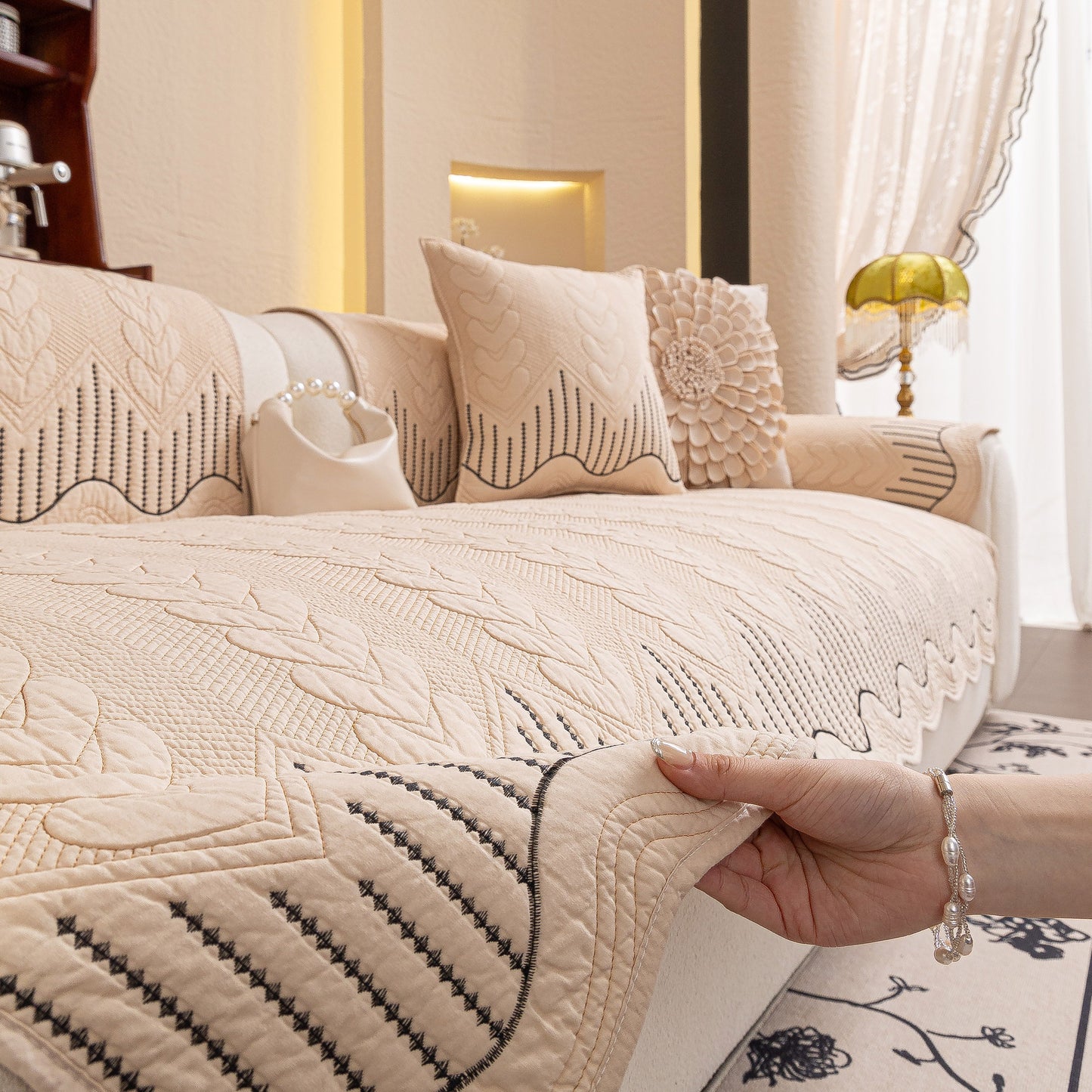 3D Quilted Thick Cotton Sofa Cover Non-Slip Couch Throw for Fabric & Leather Sofas with intricate embossed stitching, beige color.