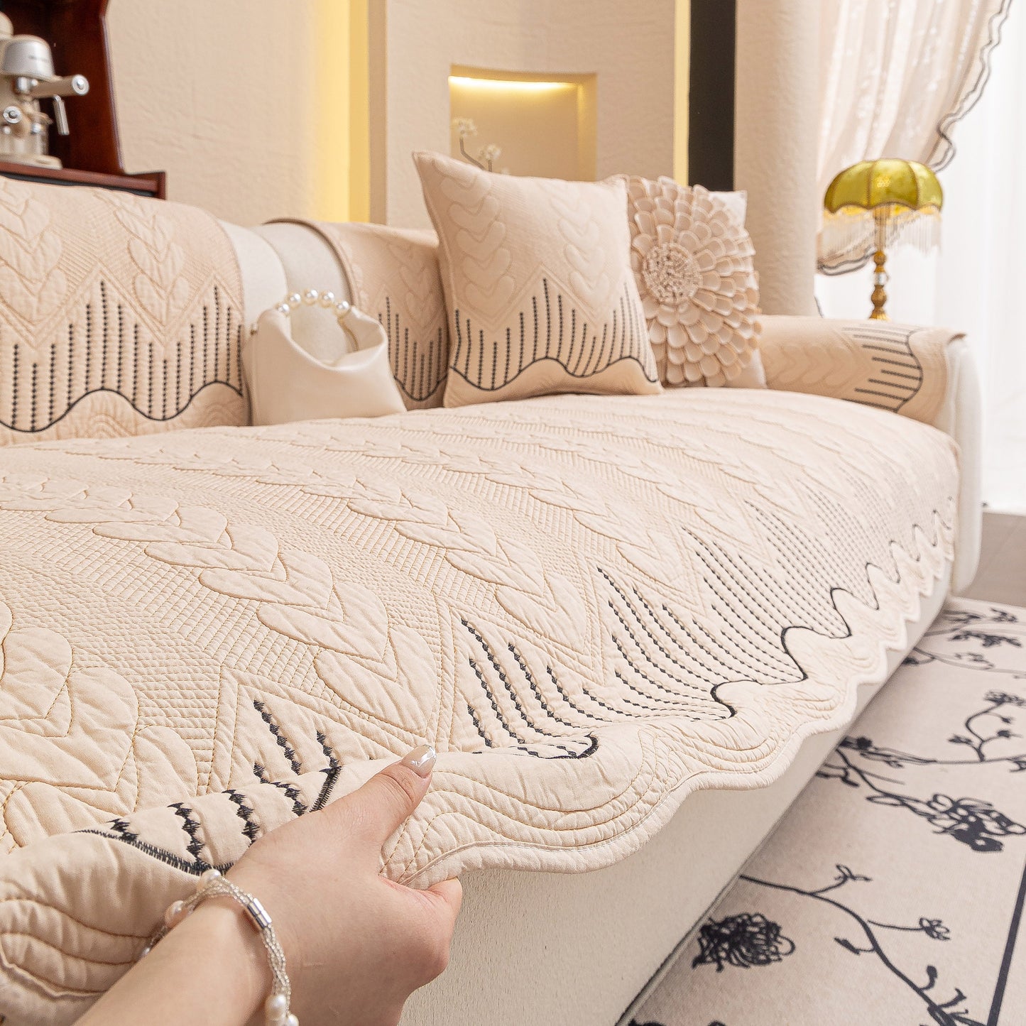 3D Quilted Thick Cotton Sofa Cover Non-Slip Couch Throw for Fabric & Leather Sofas on cream couch in elegant living room
