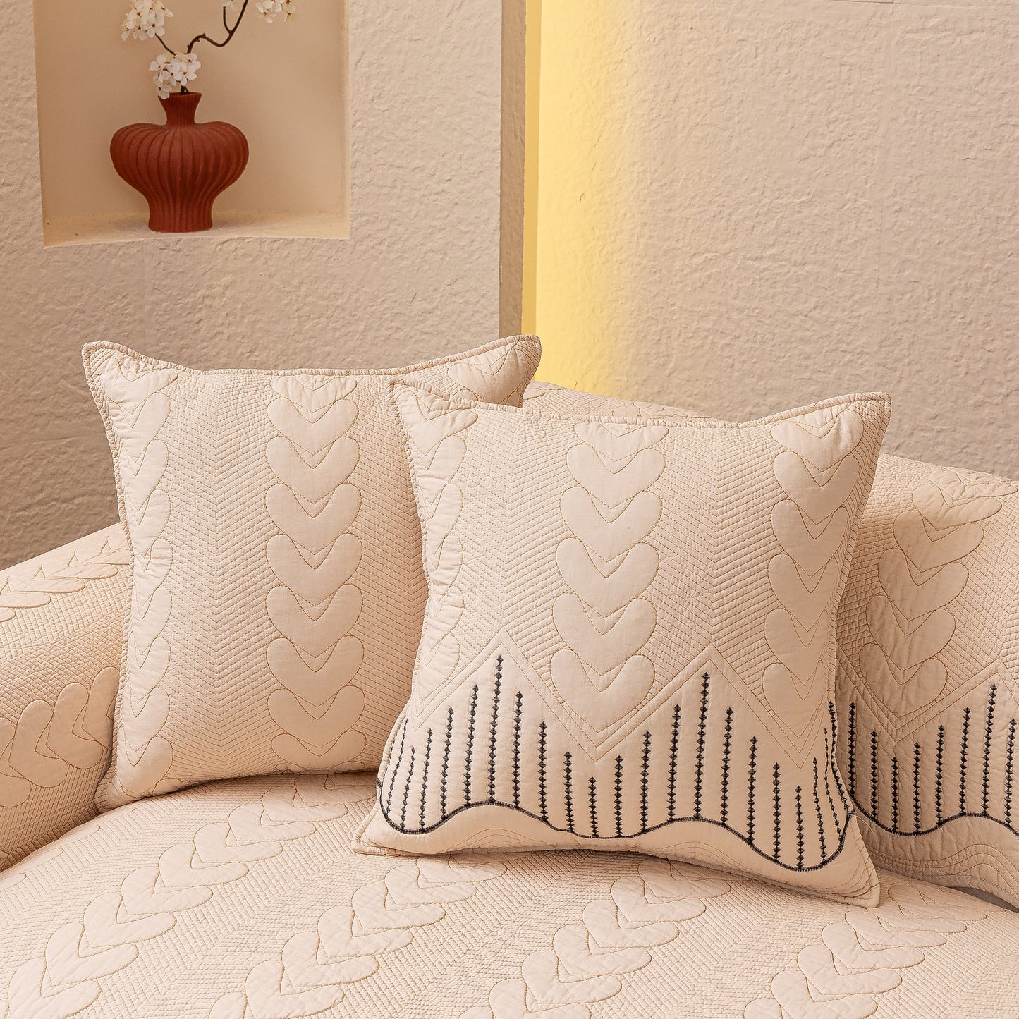 3D Quilted Thick Cotton Sofa Cover Non-Slip Couch Throw for Fabric & Leather Sofas with decorative pillows on display