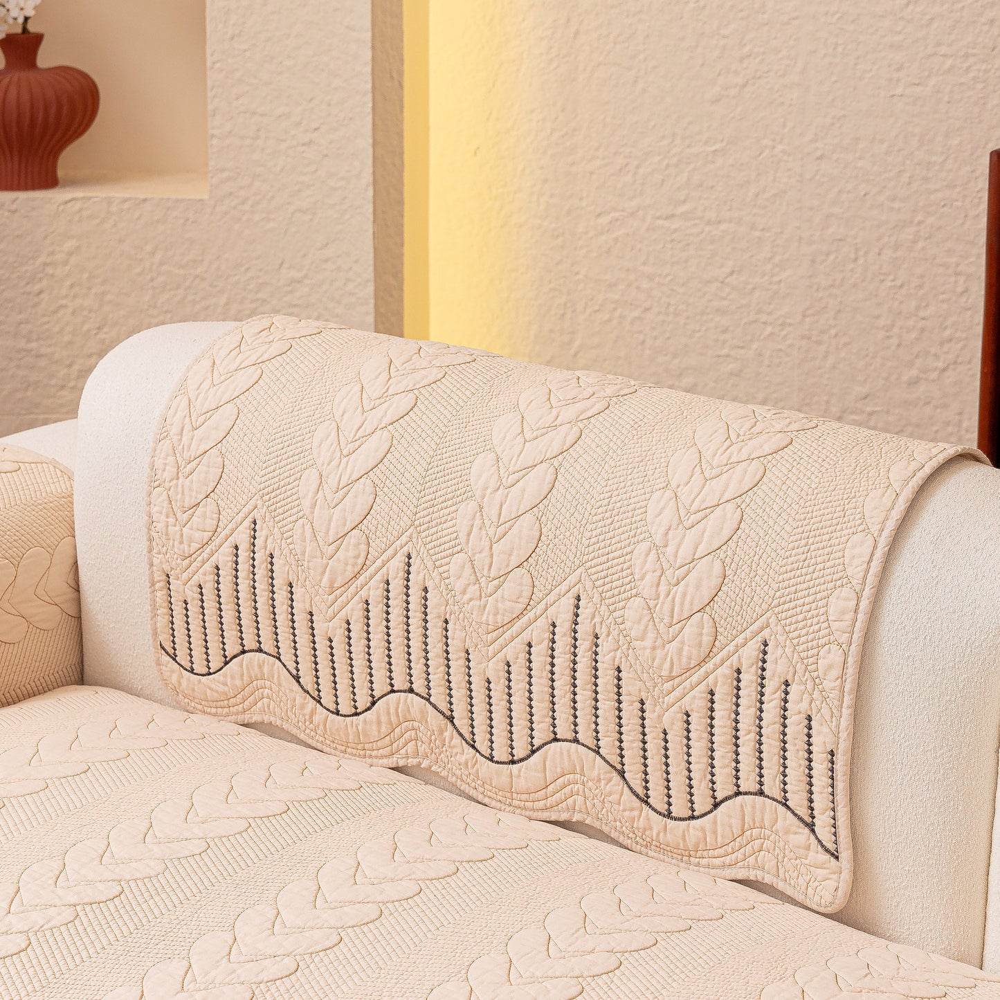 3D Quilted Thick Cotton Sofa Cover Non-Slip Couch Throw for Fabric & Leather Sofas in beige with embossed stitching